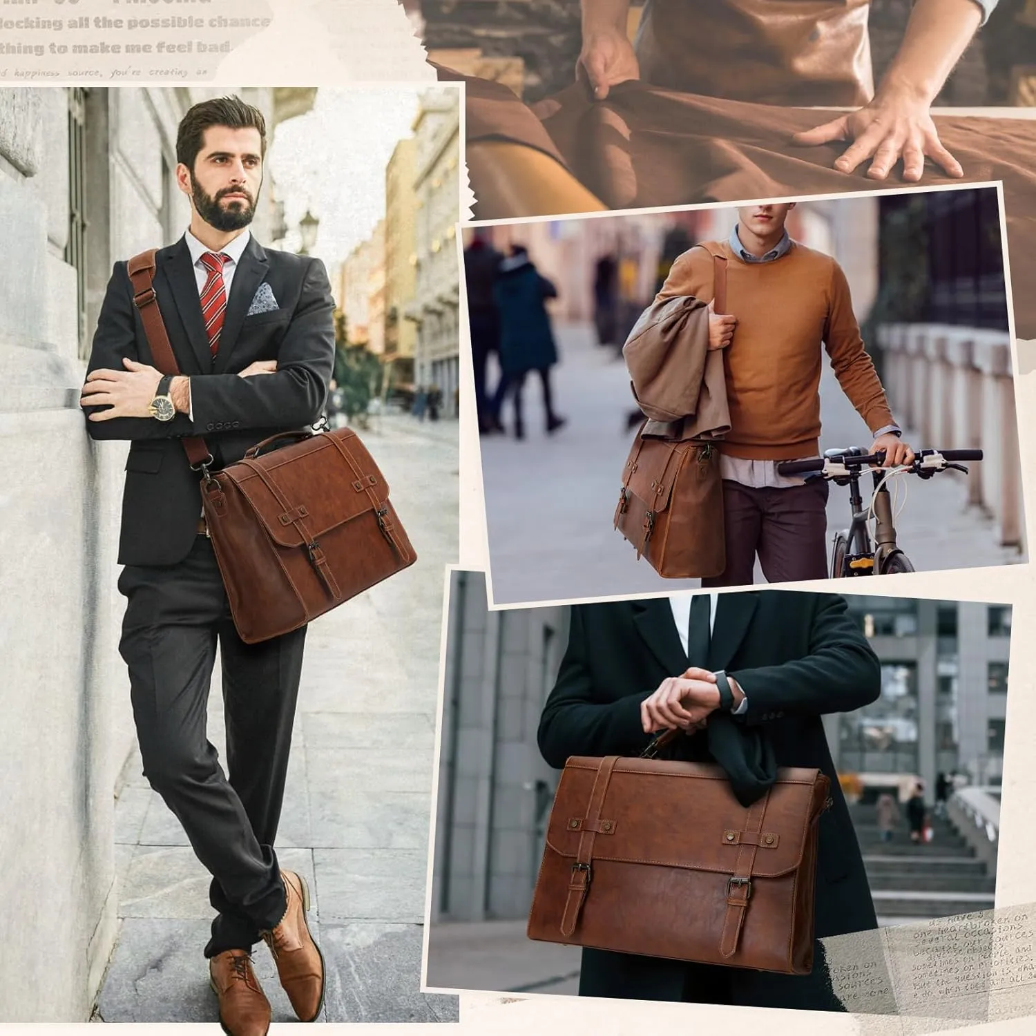 RAINSMORE Mens Messenger Bag 17 Inch Waterproof Vintage Leather Laptop Briefcase Large Laptop Bag Satchel Bag Computer Shoulder Bag for Office Business Travel College,Brown