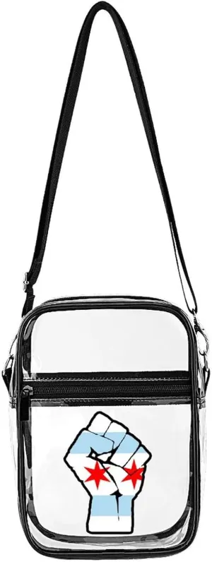 Raised Fist Chicago Flag Clear Crossbody Bag with Adjustable Shoulder Strap PVC Clear Purse Bags Stadium Approved for Concerts Sports Festivals