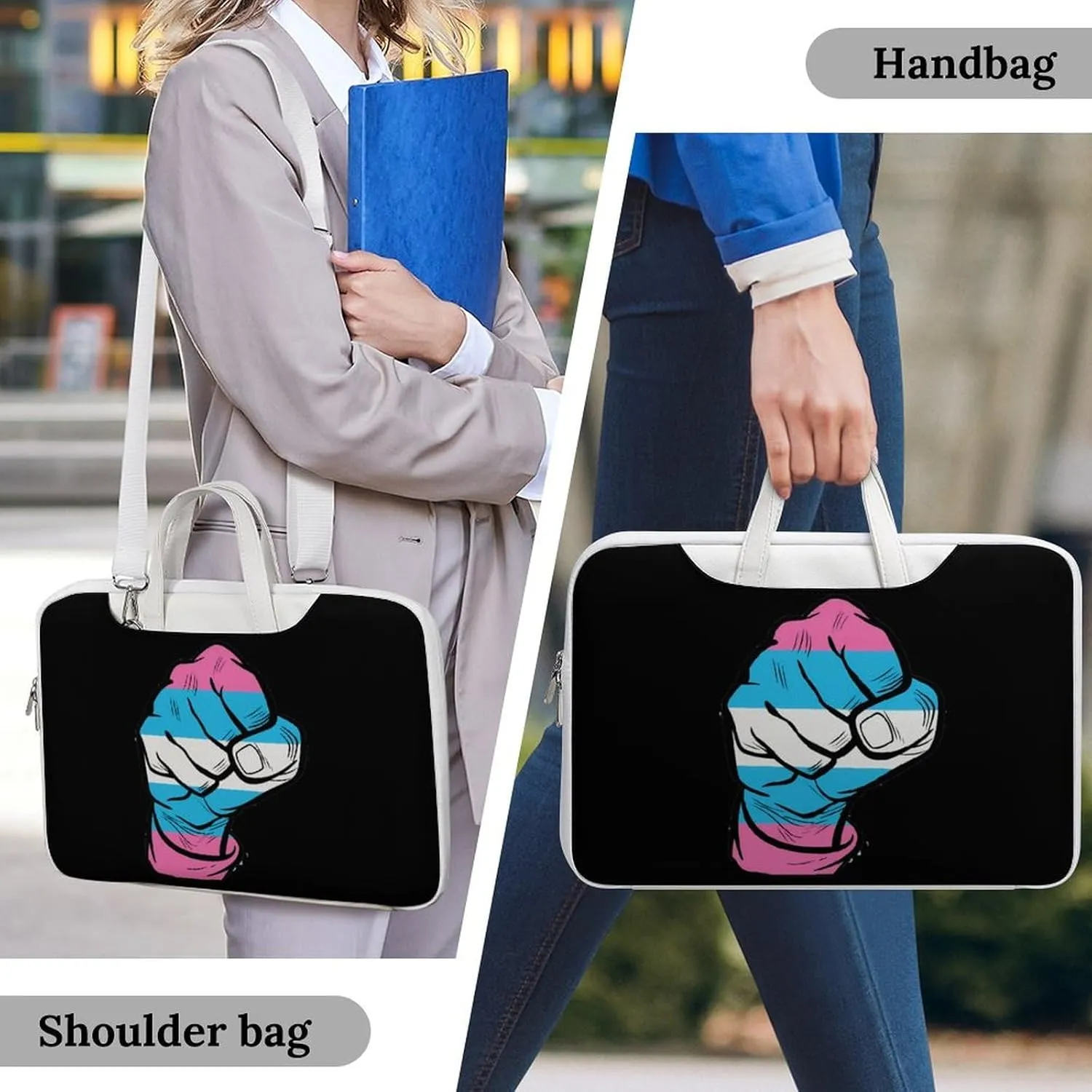 Raised Fist Transgender Flag Laptop Bag PU Leather Computer Tote Bag Carrying Case Messenger Bag with Handle