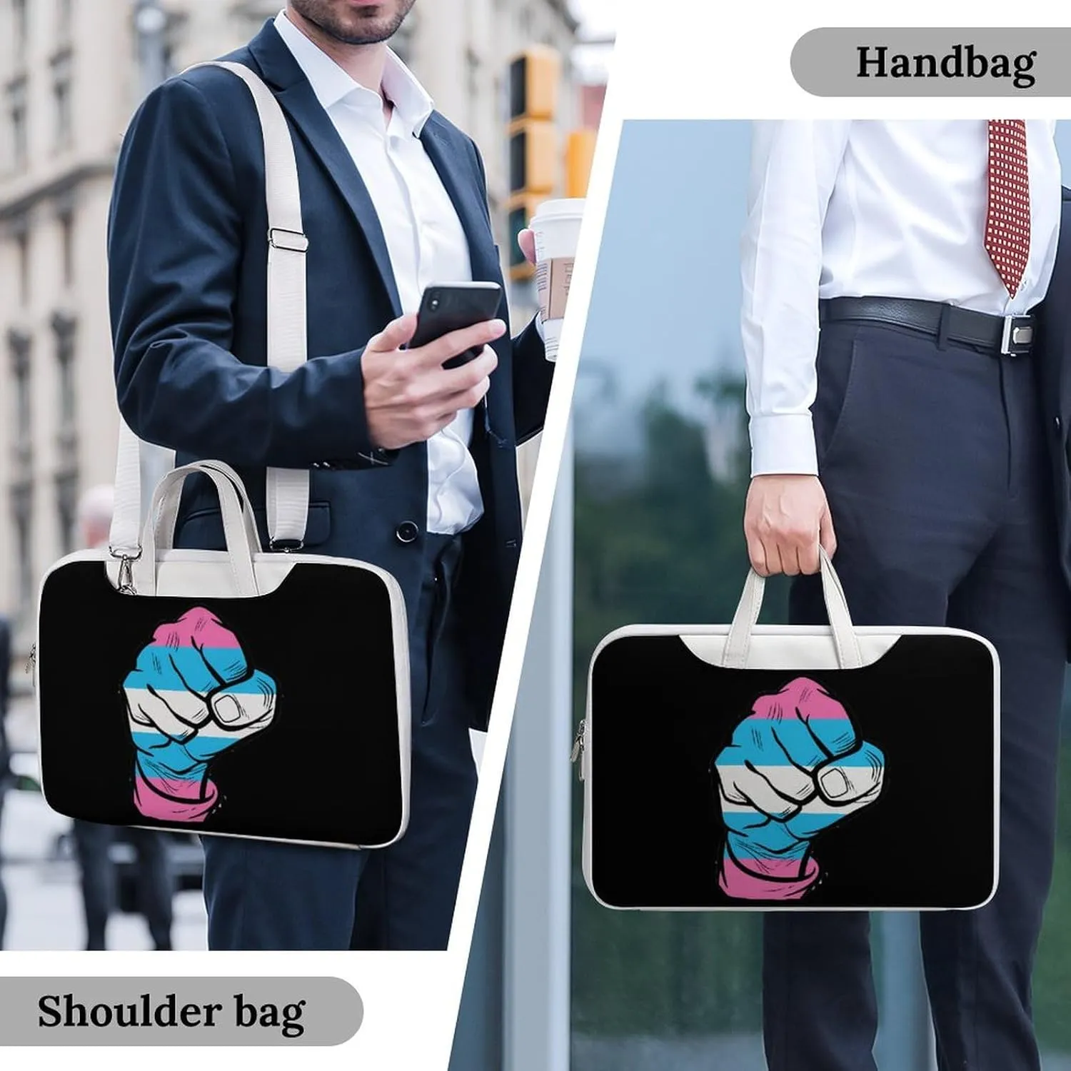 Raised Fist Transgender Flag Laptop Bag PU Leather Computer Tote Bag Carrying Case Messenger Bag with Handle