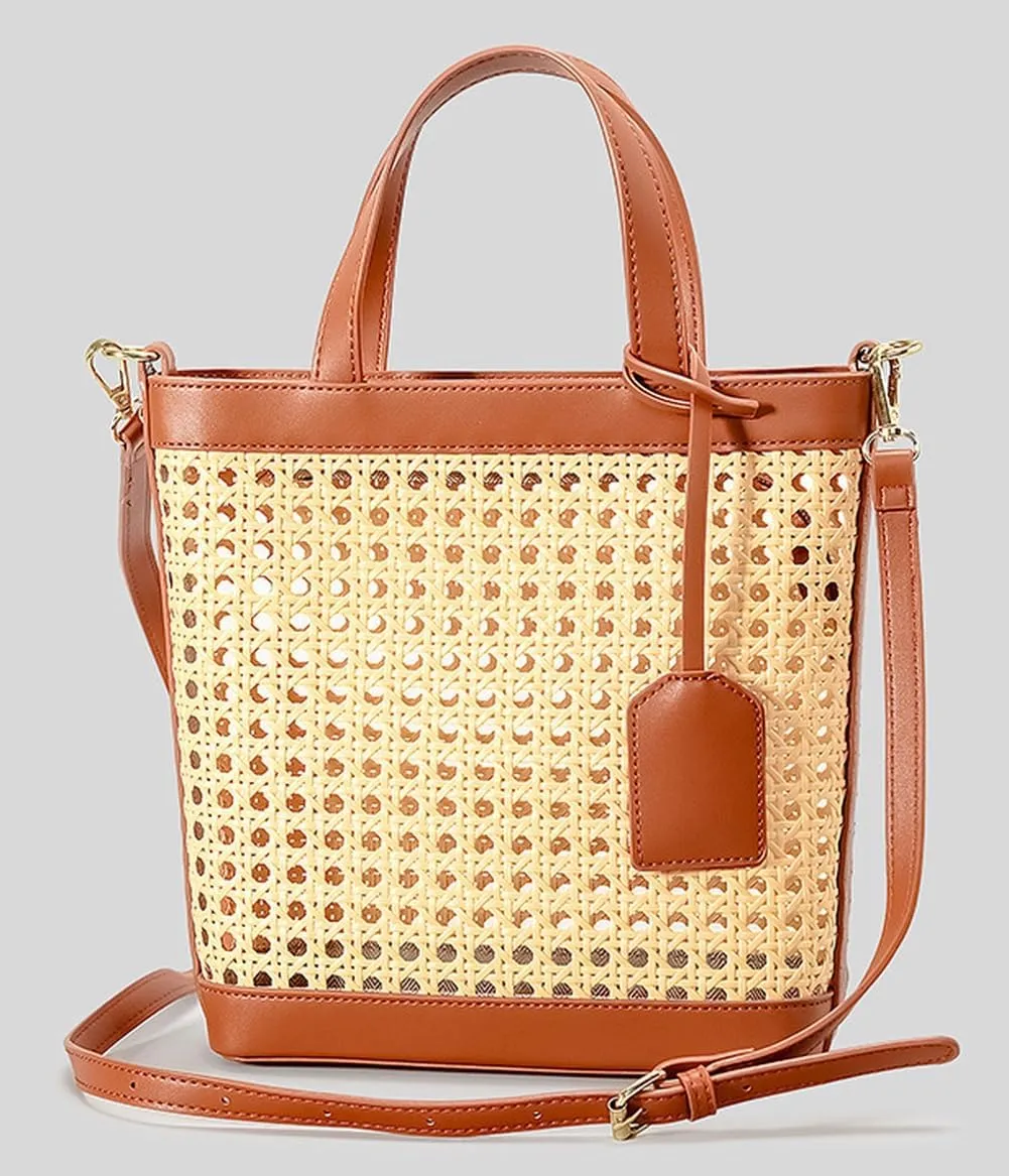 Rattan Tote Bag for Women Straw Beach Bag Crossbody Purse PU Leather Summer Shoulder Bag Cute Boho Purses Tote Handbag