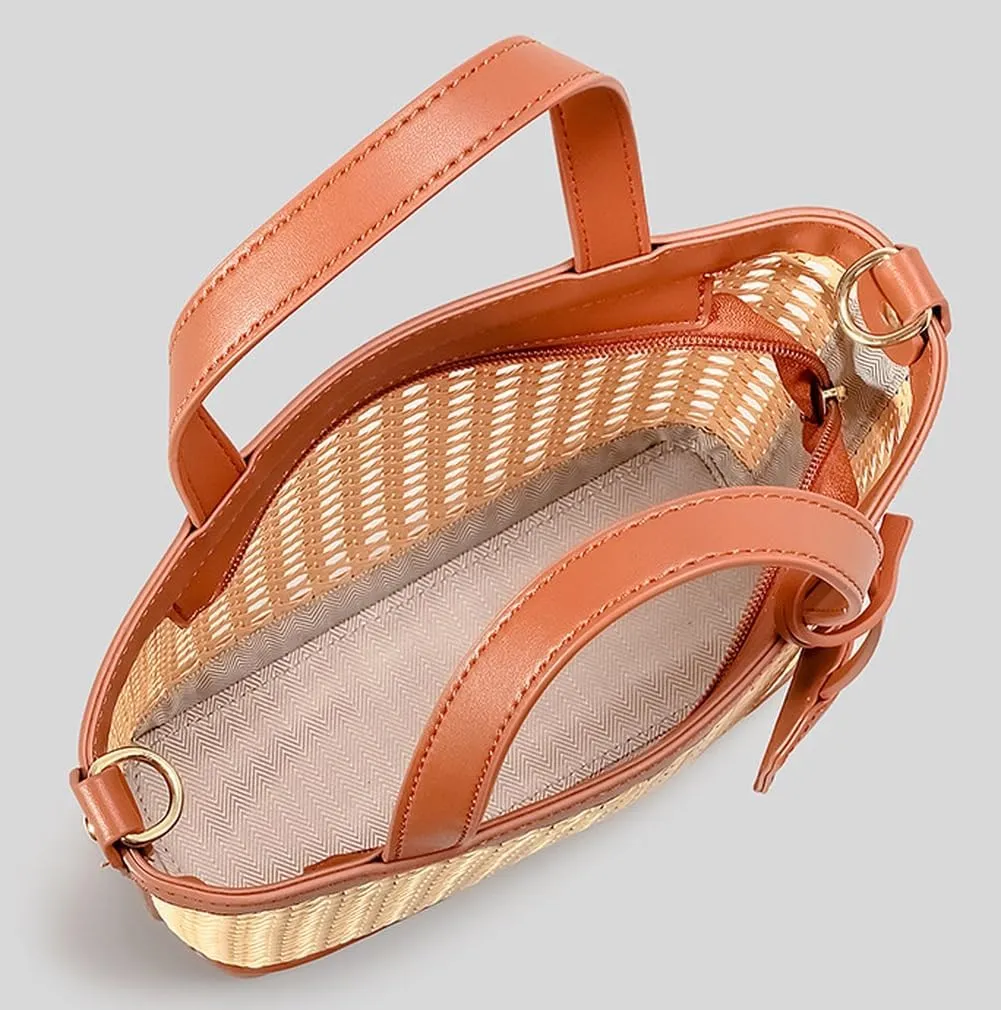 Rattan Tote Bag for Women Straw Beach Bag Crossbody Purse PU Leather Summer Shoulder Bag Cute Boho Purses Tote Handbag