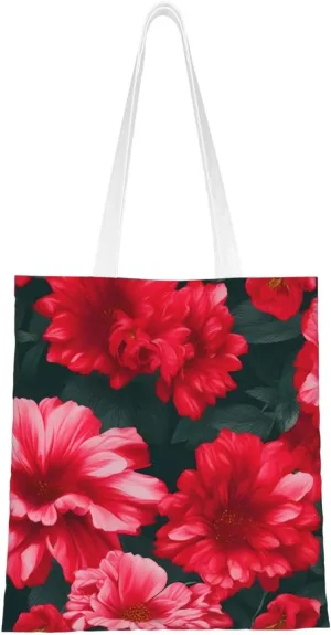 Red Pink Flowers Print Canvas Tote Bag Reusable Shoulder Shopping Bags For Daily Use Shopping Travel