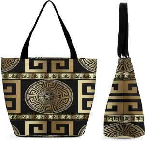 Retro Gold Geometric Greek Key Large Fashion Totes Bag Women's Casual Purses Work Handbags Shopping Bag