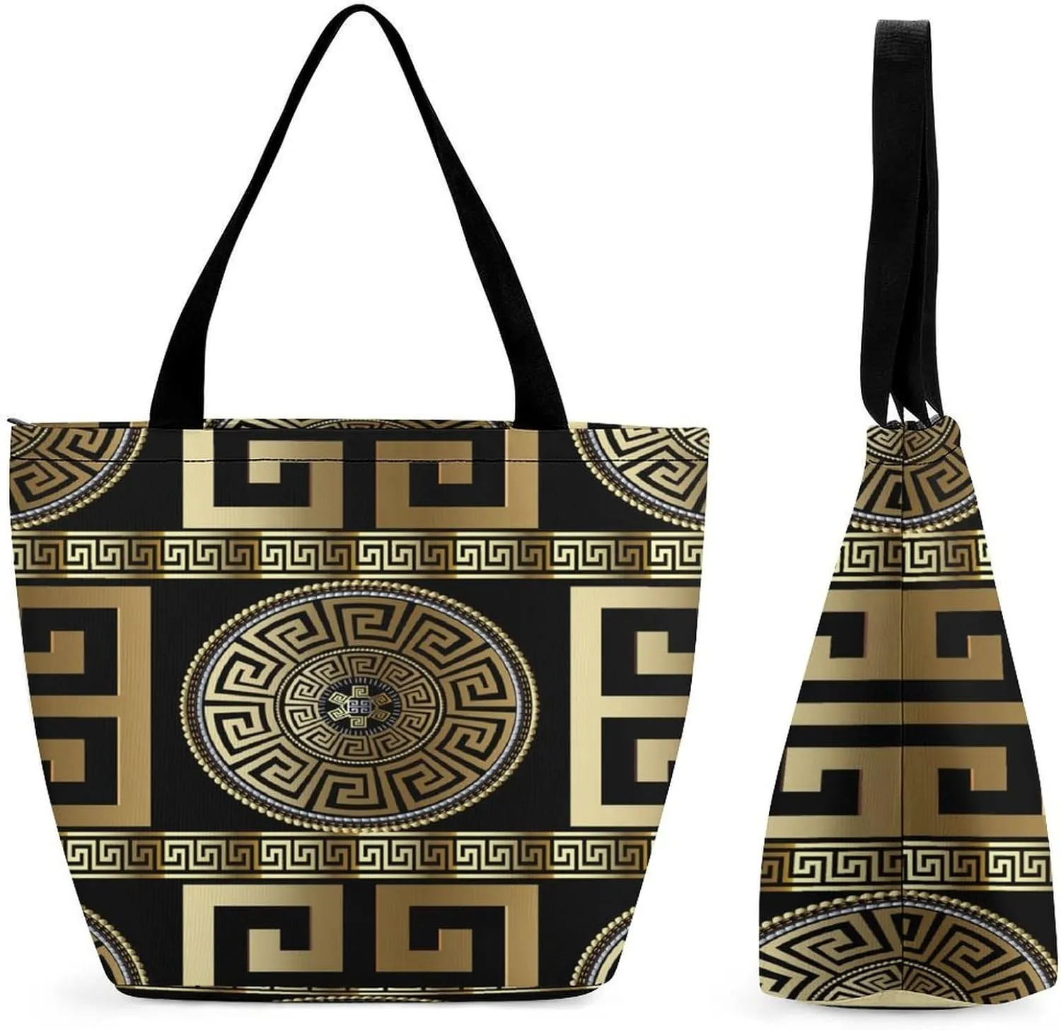 Retro Gold Geometric Greek Key Large Fashion Totes Bag Women's Casual Purses Work Handbags Shopping Bag