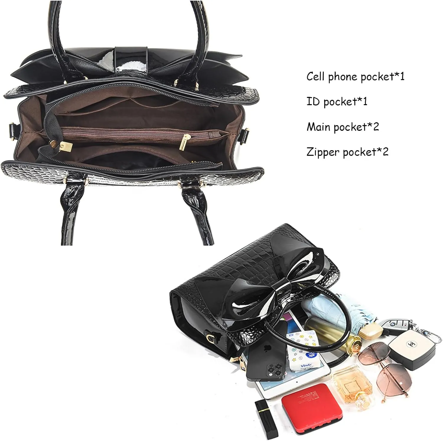 Retro Patent Leather Purse with Bow, 1950s Vintage Satchel Handbag and Clutch for Women Shoulder Tote Bags