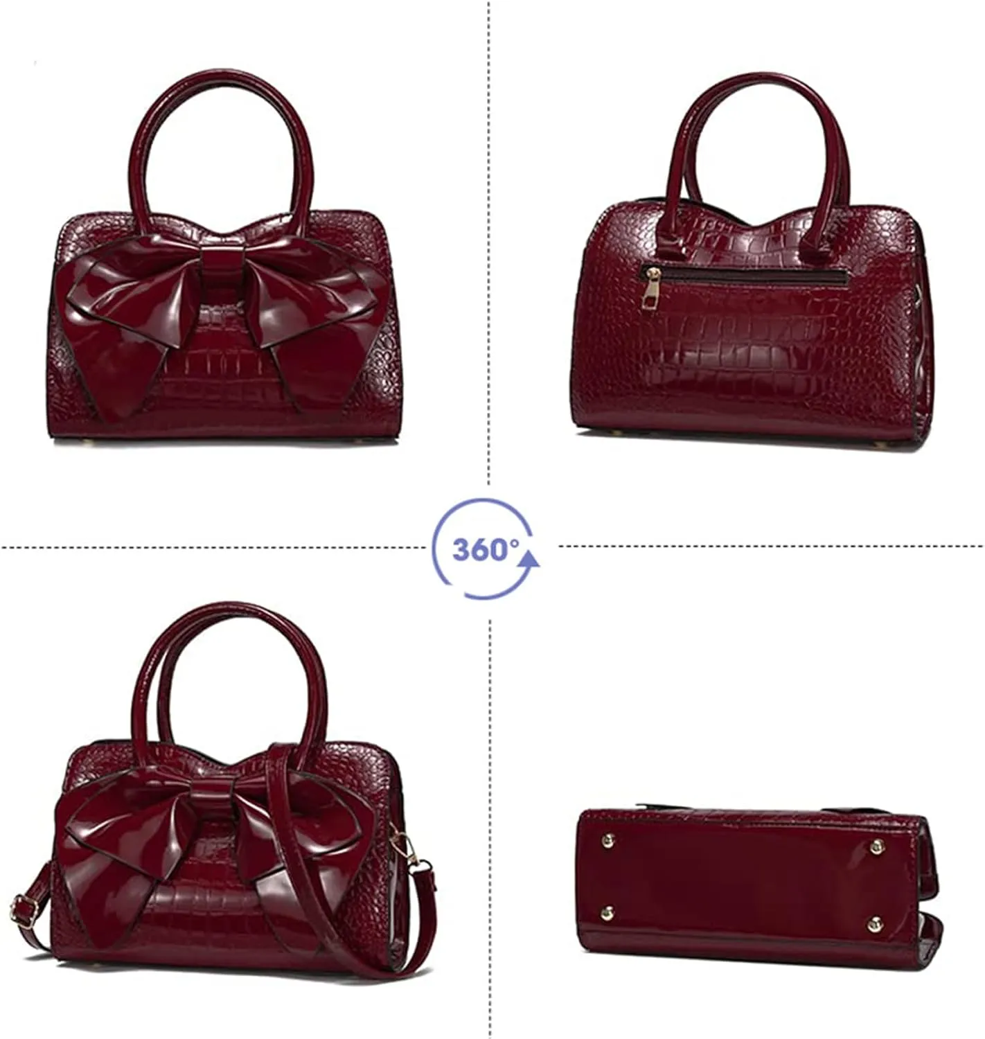 Retro Patent Leather Purse with Bow, 1950s Vintage Satchel Handbag and Clutch for Women Shoulder Tote Bags