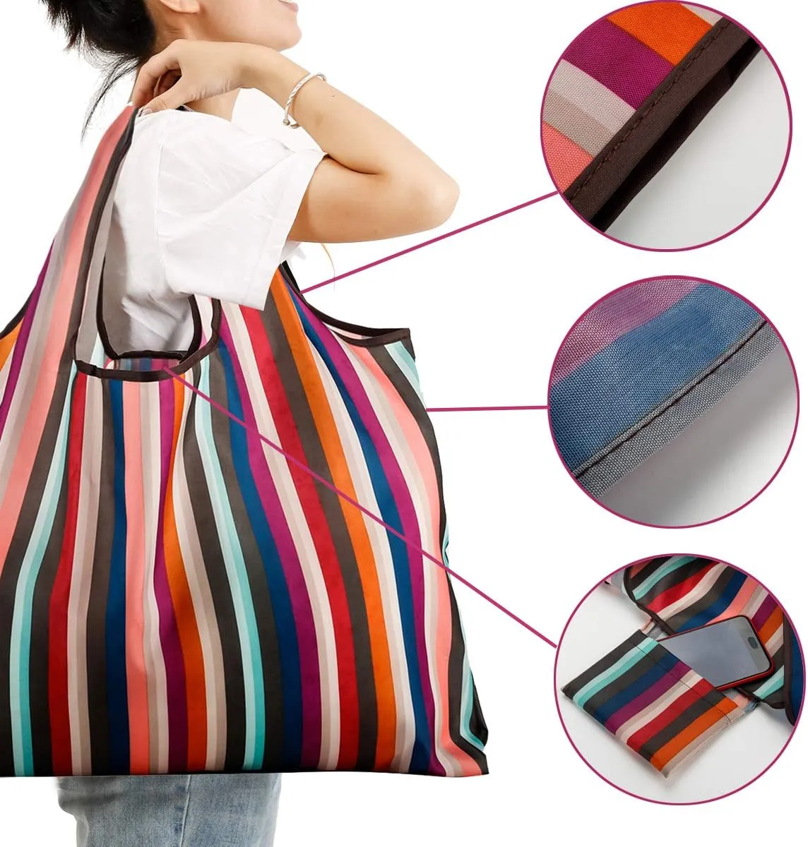 Reusable Grocery Bag 2 Packs Large Washable Foldable Eco Friendly Nylon Heavy Duty Fits in Pocket Shopping Tote Bag (New Rainbow)