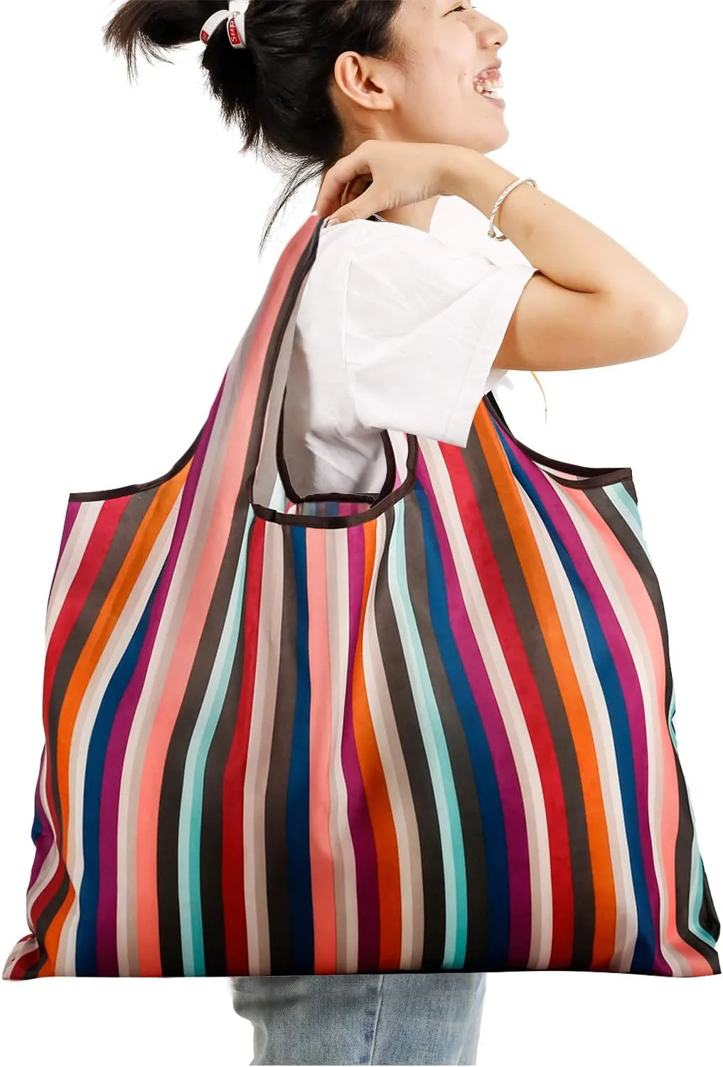 Reusable Grocery Bag 2 Packs Large Washable Foldable Eco Friendly Nylon Heavy Duty Fits in Pocket Shopping Tote Bag (New Rainbow)