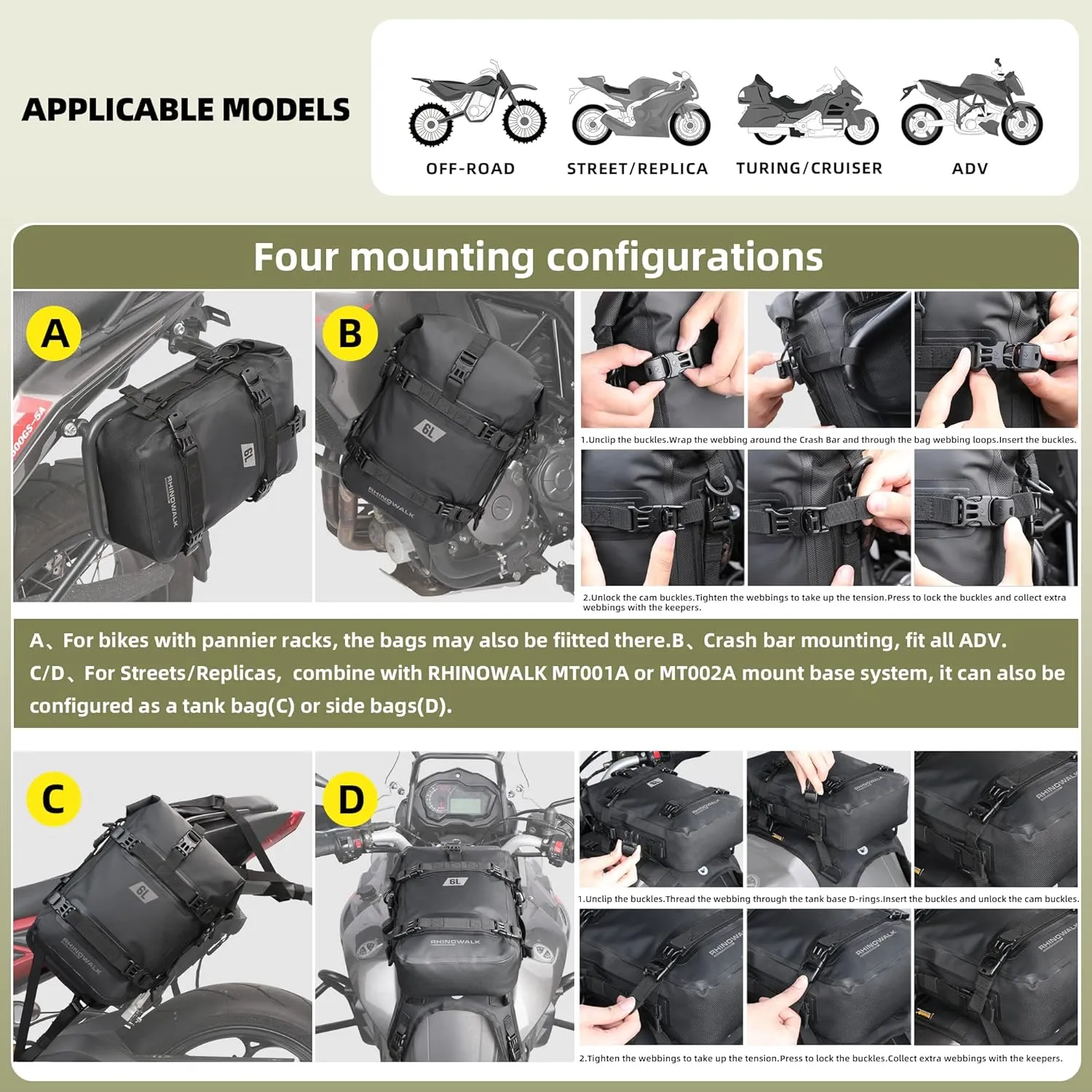 Rhinowalk Motorcycle Crash Bar Bag Waterproof 6L Motorcycle Frame Bag Saddle Bag Side Bag with Shoulder Strap