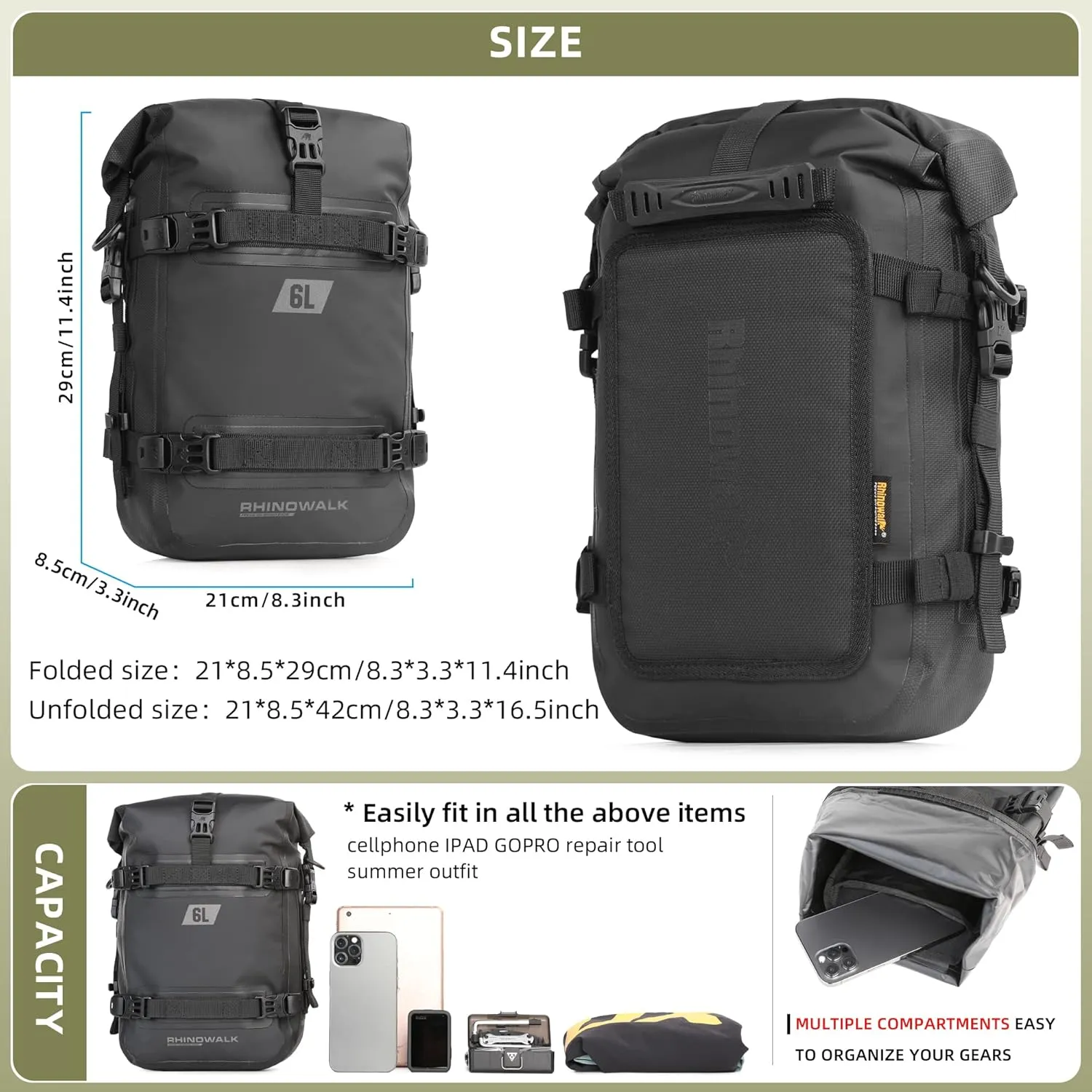 Rhinowalk Motorcycle Crash Bar Bag Waterproof 6L Motorcycle Frame Bag Saddle Bag Side Bag with Shoulder Strap