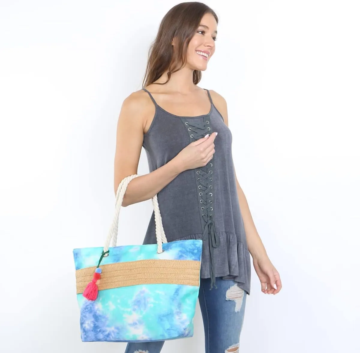 RIAH FASHION Large Reusable Eco Shopper Beach Tote - Canvas Fabric Travel Shoulder Bag Plaid Stripe, Animal, American Flag