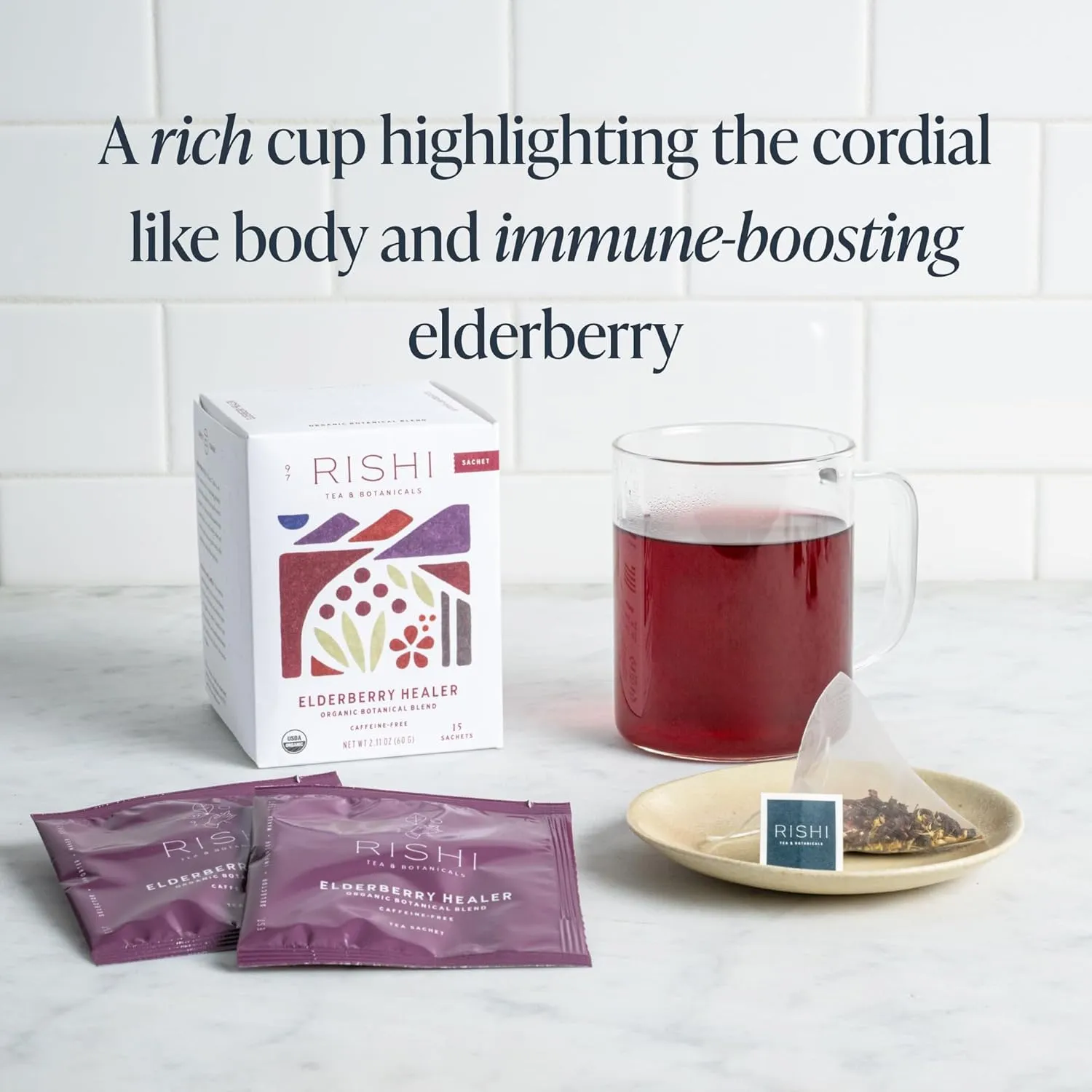 Rishi Tea Elderberry Healer Herbal Tea - Organic, Caffeine Free Sachet Tea Bags, Antioxidant Elderberry with Ginger & Hibiscus - 15 Count (Pack of 6)