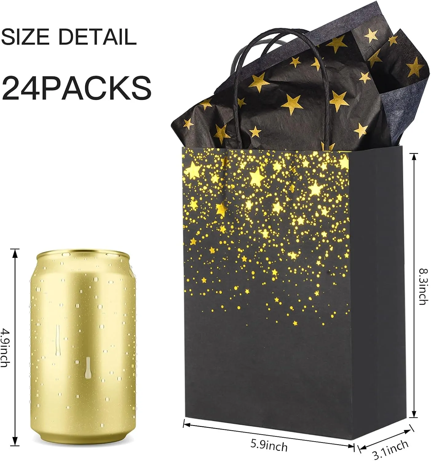 Sharlity Small Black Gold Gift Bags 24pcs Party Paper Bags with Star Tissue Paper for Halloween£¬New Year, Birthday, Wedding, Bridal, Baby Shower, Black and Gold Party Supplies (8.3 x 5.9 x 3.1inch)