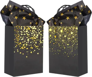 Sharlity Small Black Gold Gift Bags 24pcs Party Paper Bags with Star Tissue Paper for Halloween£¬New Year, Birthday, Wedding, Bridal, Baby Shower, Black and Gold Party Supplies (8.3 x 5.9 x 3.1inch)