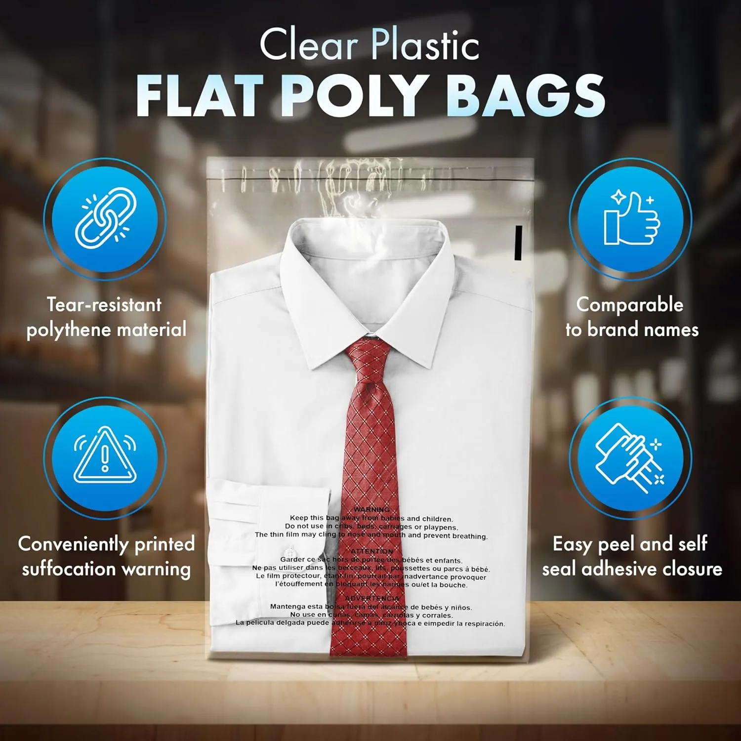 Shop4Mailers 5x7 Clear Poly Bag with Suffocation Warning – Self-Seal Adhesive, 1.5 Mil Clear Bag for FBA, Packaging Bags, Clothes Storage, & Shipping Bags – Resealable Poly Mailers (Pack of 1000)
