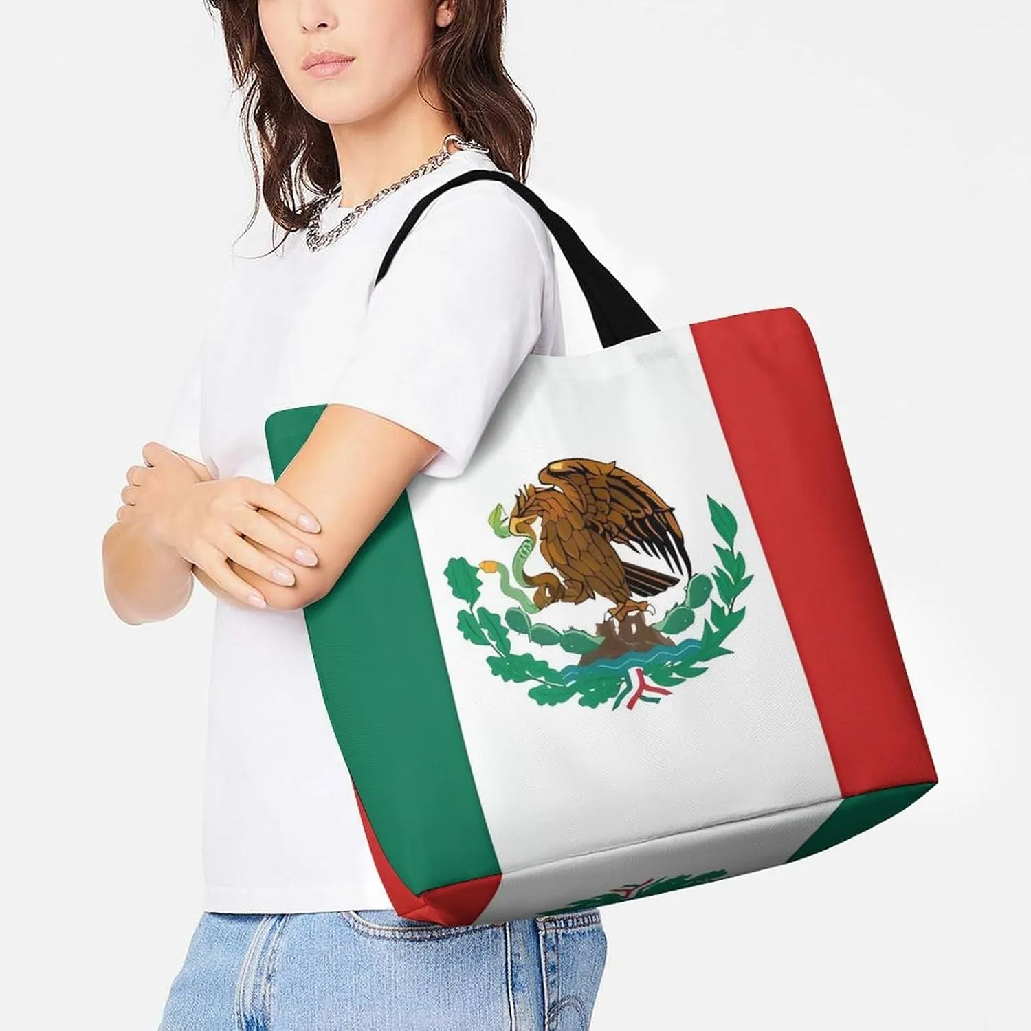 Shopping Bag for Women, Flag of Mexico Tote Bag, Large Capacity Shoulder Bags for Groceries Travel