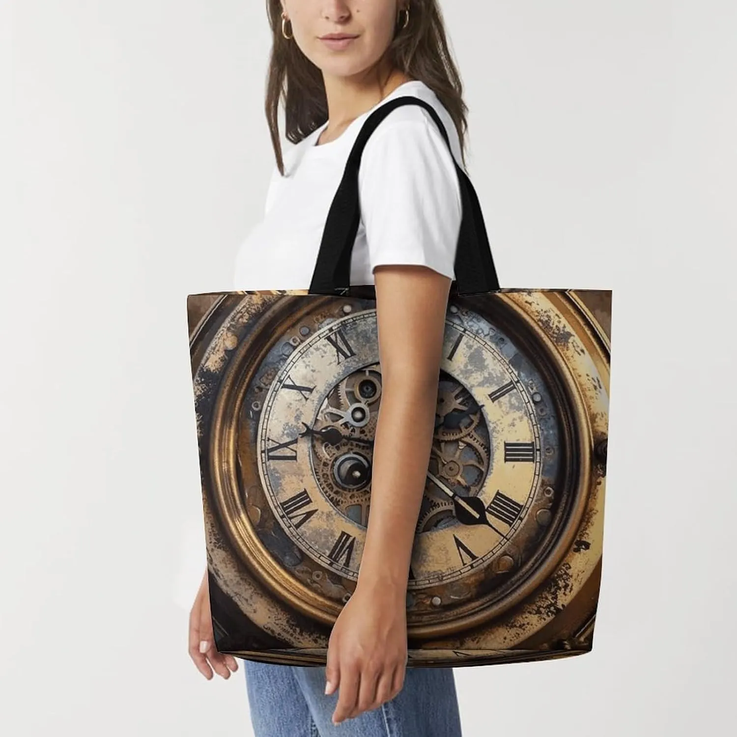 Shopping Bag for Women, Steampunk Clock Tote Bag, Large Capacity Shoulder Bags for Groceries Travel