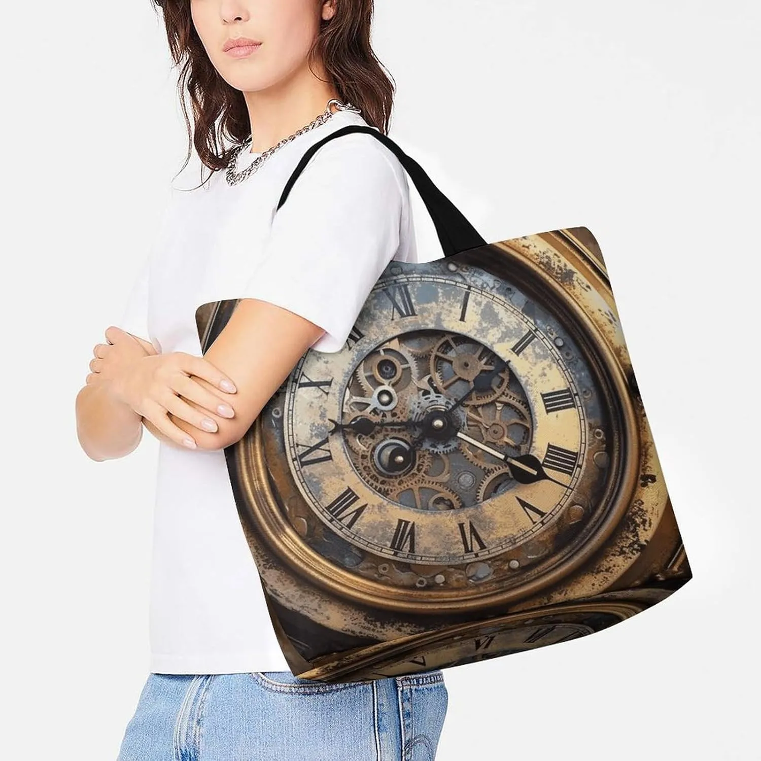 Shopping Bag for Women, Steampunk Clock Tote Bag, Large Capacity Shoulder Bags for Groceries Travel