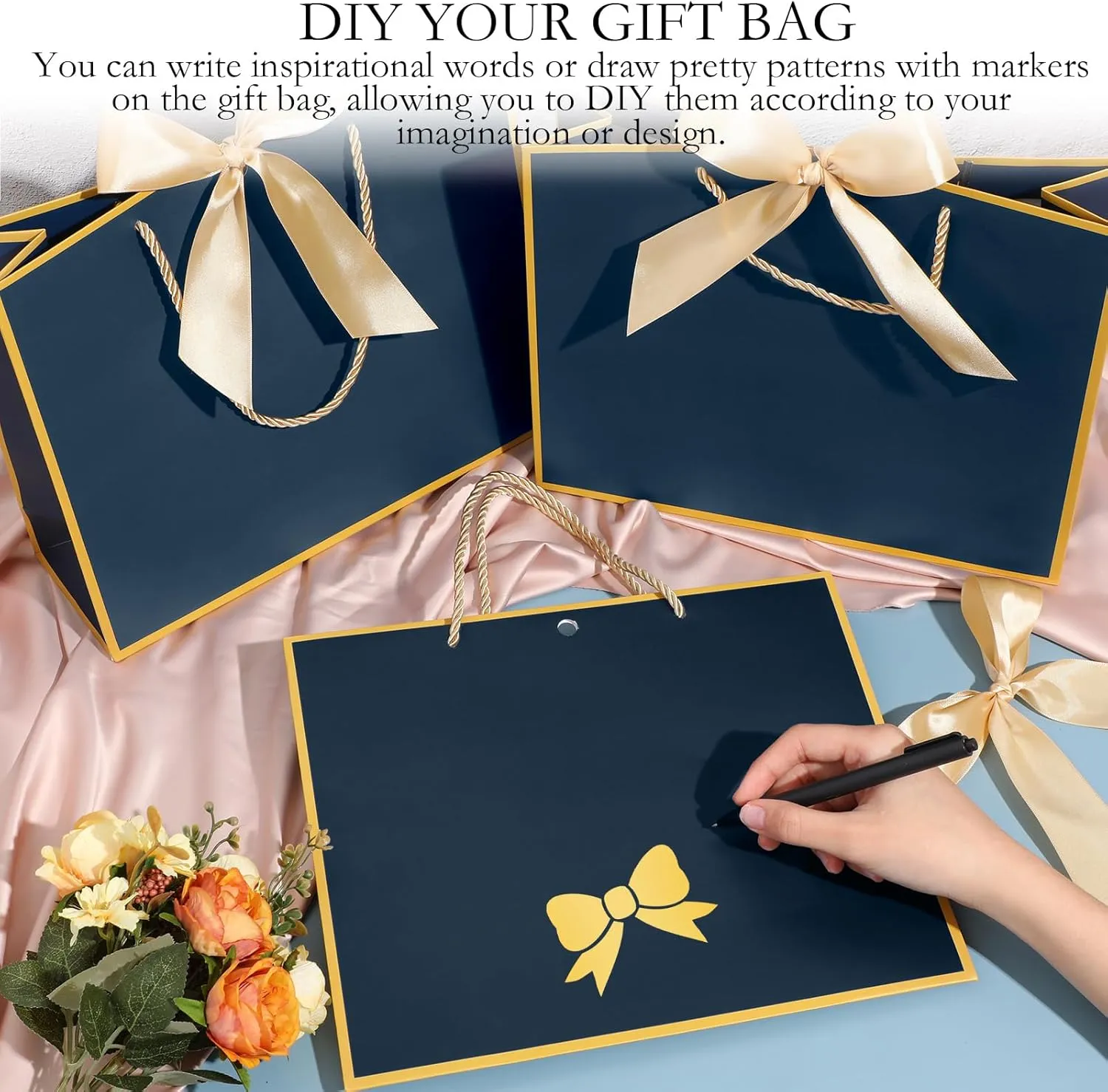 Silkfly 12 Pcs Thank You Gift Bags with Handle 11.8x10x4'' Welcome Bags Return Gifts with Bow Ribbon for Bridesmaid Baby Shower Mother's Day Graduation Wedding Housewarming Birthday(Navy Blue)