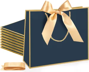 Silkfly 12 Pcs Thank You Gift Bags with Handle 11.8x10x4'' Welcome Bags Return Gifts with Bow Ribbon for Bridesmaid Baby Shower Mother's Day Graduation Wedding Housewarming Birthday(Navy Blue)