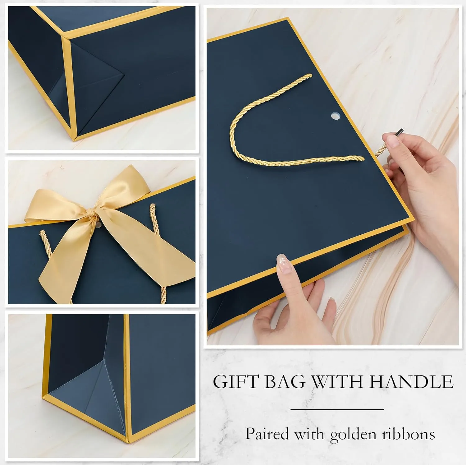 Silkfly 12 Pcs Thank You Gift Bags with Handle 11.8x10x4'' Welcome Bags Return Gifts with Bow Ribbon for Bridesmaid Baby Shower Mother's Day Graduation Wedding Housewarming Birthday(Navy Blue)