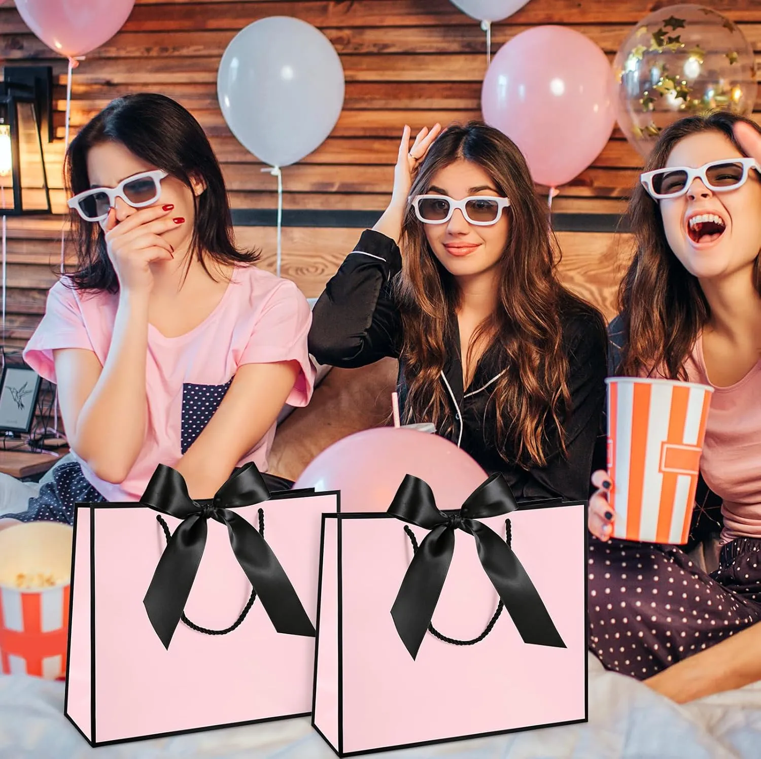Silkfly 12 Pcs Thank You Gift Bags with Handle 11.8x10x4'' Welcome Bags Return Gifts with Bow Ribbon for Bridesmaid Baby Shower Mother's Day Graduation Wedding Housewarming Birthday(Pink, Black)