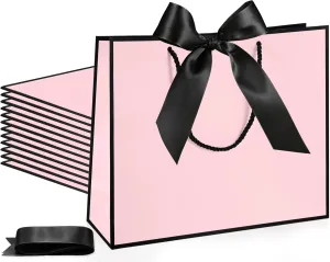 Silkfly 12 Pcs Thank You Gift Bags with Handle 11.8x10x4'' Welcome Bags Return Gifts with Bow Ribbon for Bridesmaid Baby Shower Mother's Day Graduation Wedding Housewarming Birthday(Pink, Black)