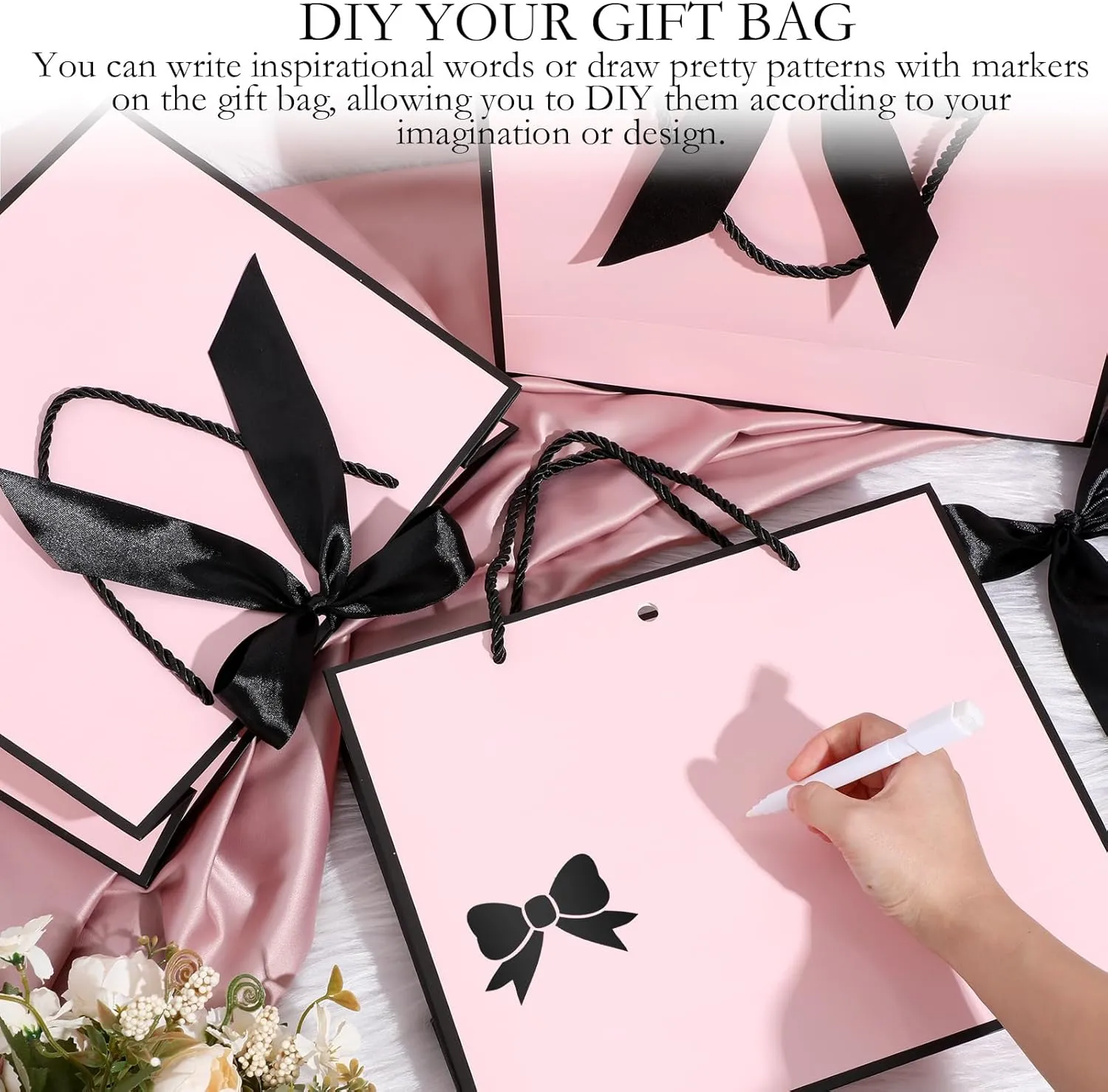 Silkfly 12 Pcs Thank You Gift Bags with Handle 11.8x10x4'' Welcome Bags Return Gifts with Bow Ribbon for Bridesmaid Baby Shower Mother's Day Graduation Wedding Housewarming Birthday(Pink, Black)