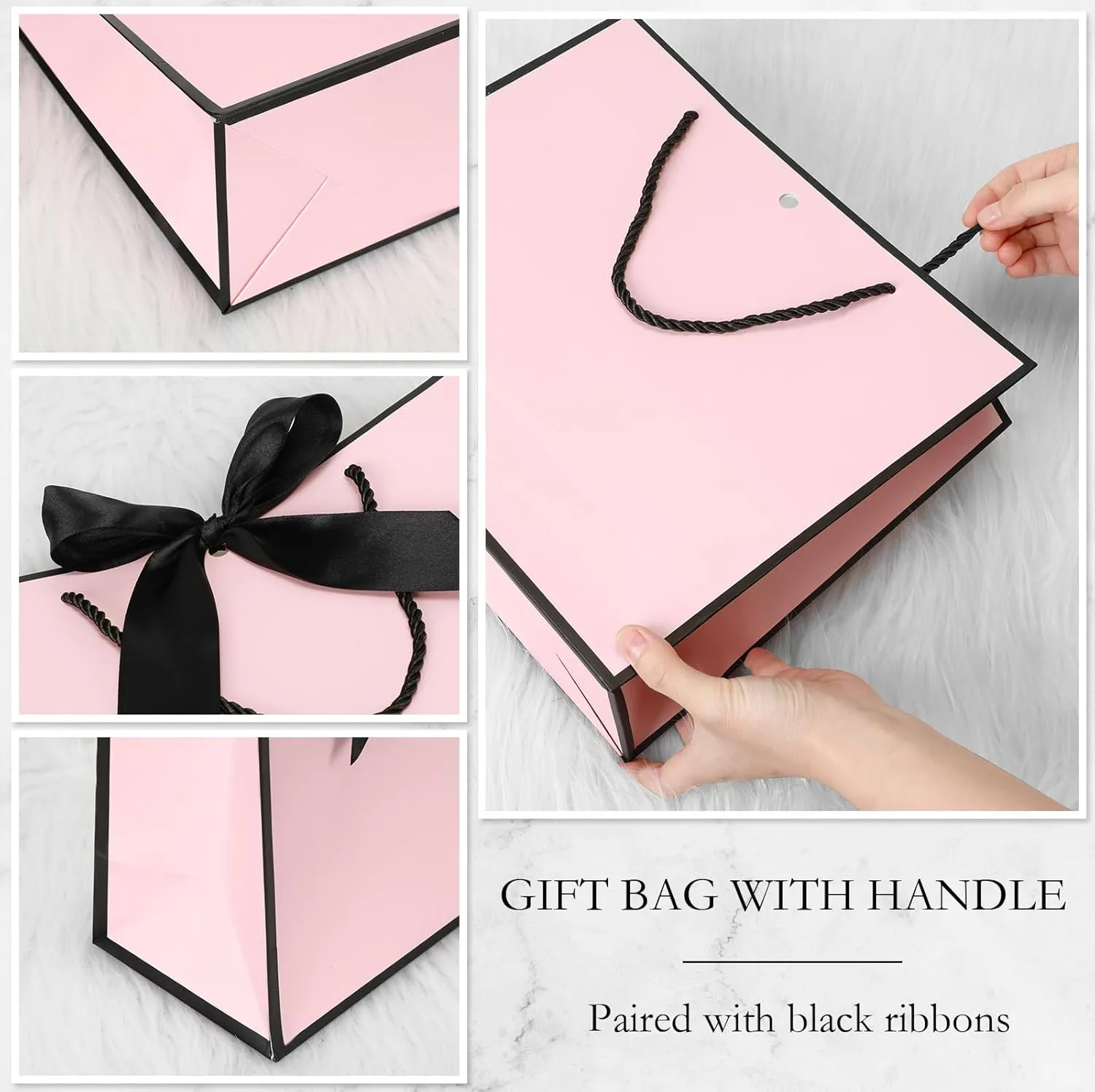 Silkfly 12 Pcs Thank You Gift Bags with Handle 11.8x10x4'' Welcome Bags Return Gifts with Bow Ribbon for Bridesmaid Baby Shower Mother's Day Graduation Wedding Housewarming Birthday(Pink, Black)