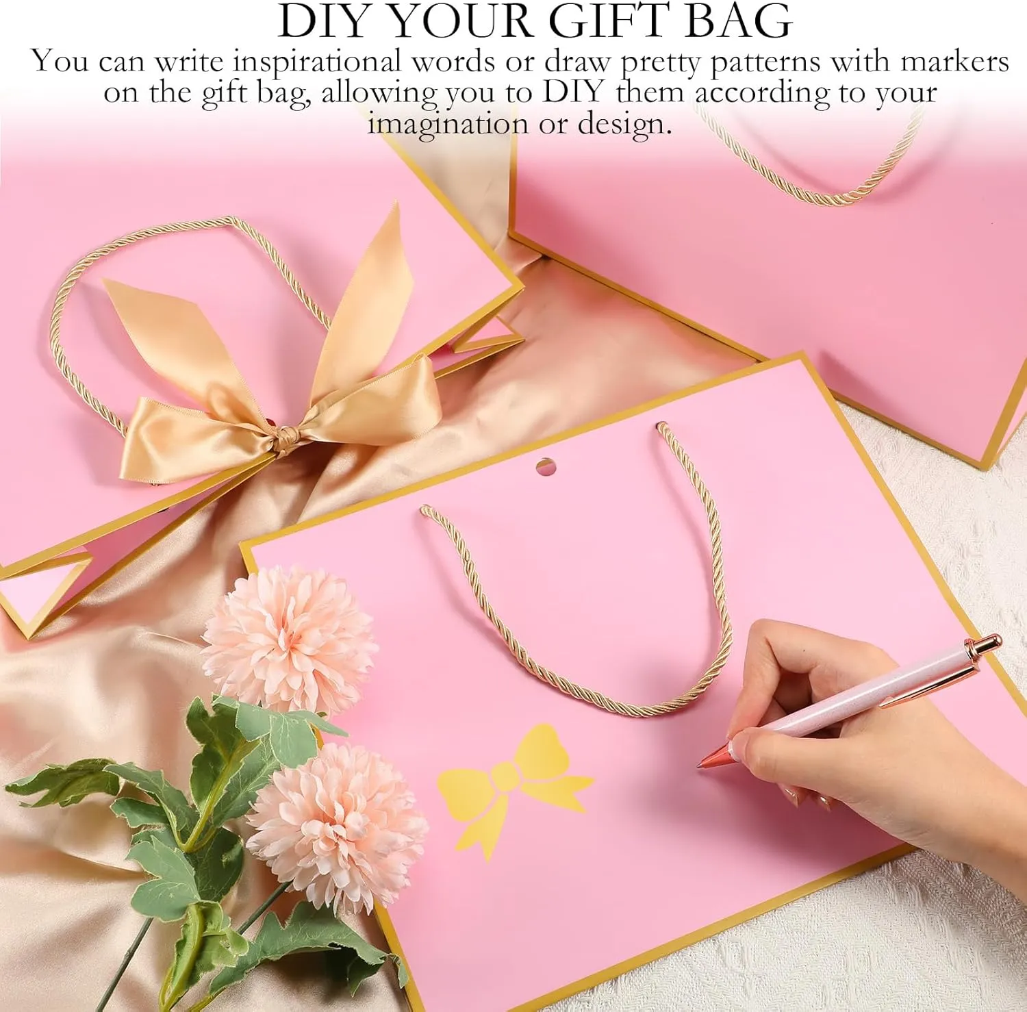 Silkfly 12 Pcs Thank You Gift Bags with Handle 11.8x10x4'' Welcome Bags Return Gifts with Bow Ribbon for Bridesmaid Baby Shower Mother's Day Graduation Wedding Housewarming Birthday(Pink)