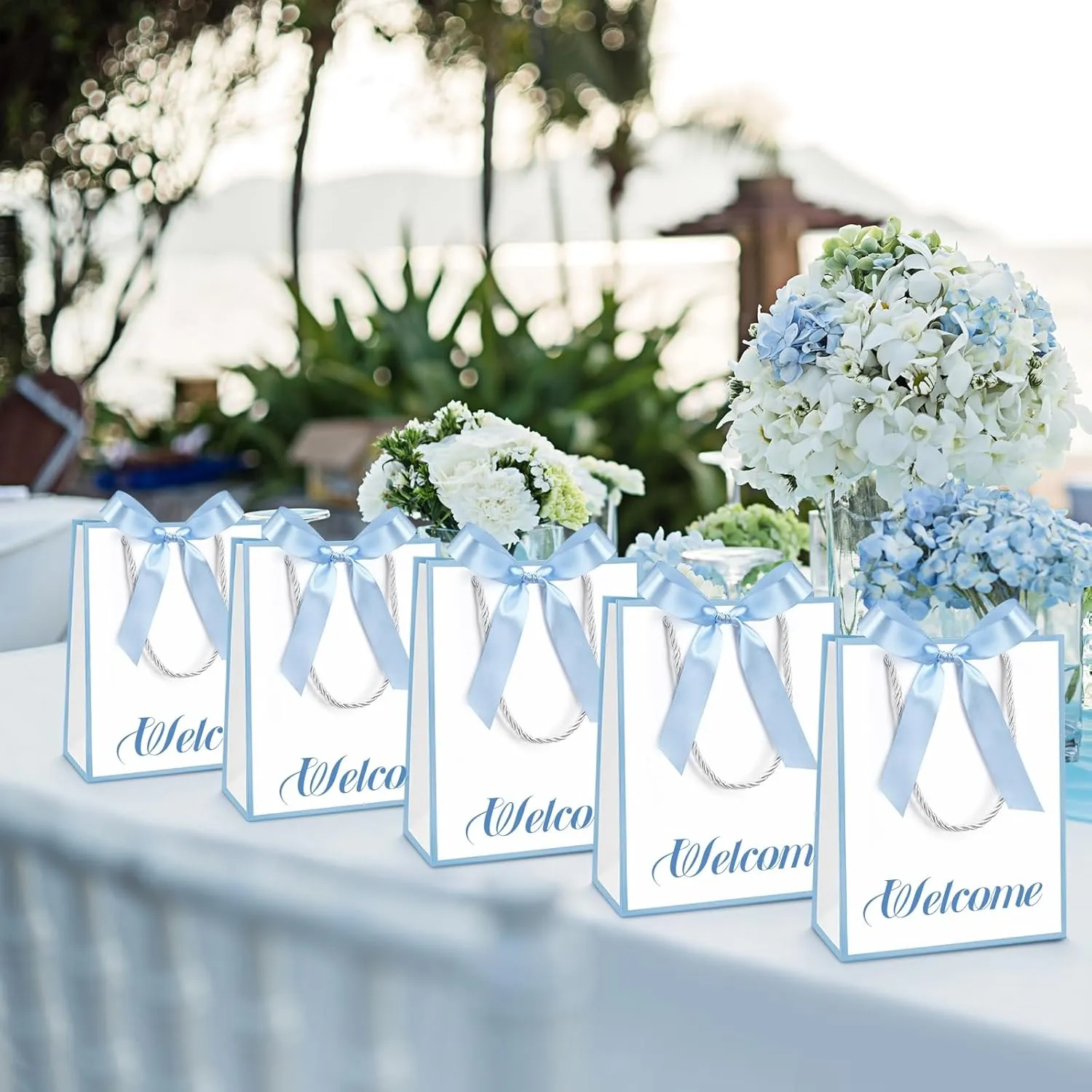 Silkfly 12 Pcs Thank You Gift Bags with Handles Elegant Gift Bags with Bow Ribbon for Wedding Bridal Baby Shower Birthday Party Housewarming(White, Light Blue)