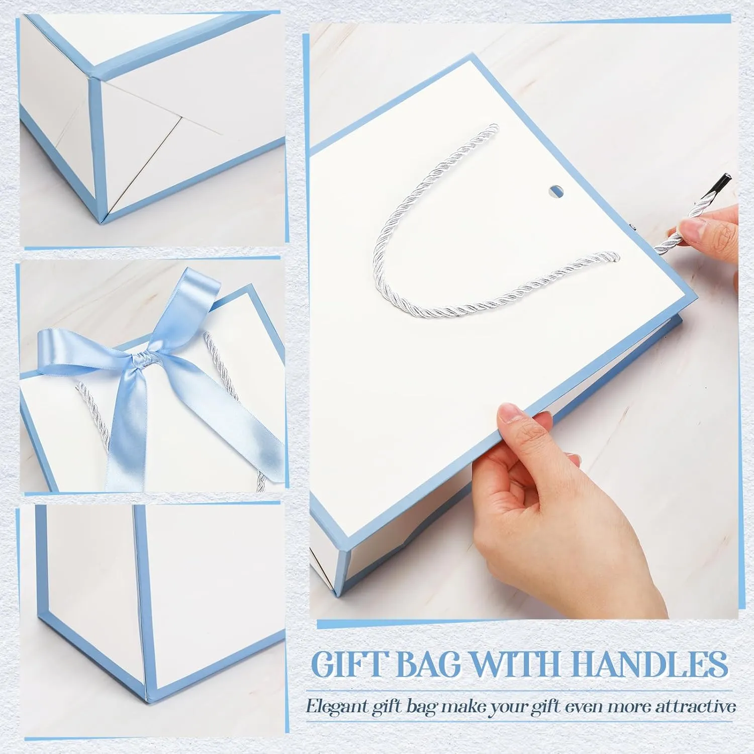 Silkfly 12 Pcs Thank You Gift Bags with Handles Elegant Gift Bags with Bow Ribbon for Wedding Bridal Baby Shower Birthday Party Housewarming(White, Light Blue)