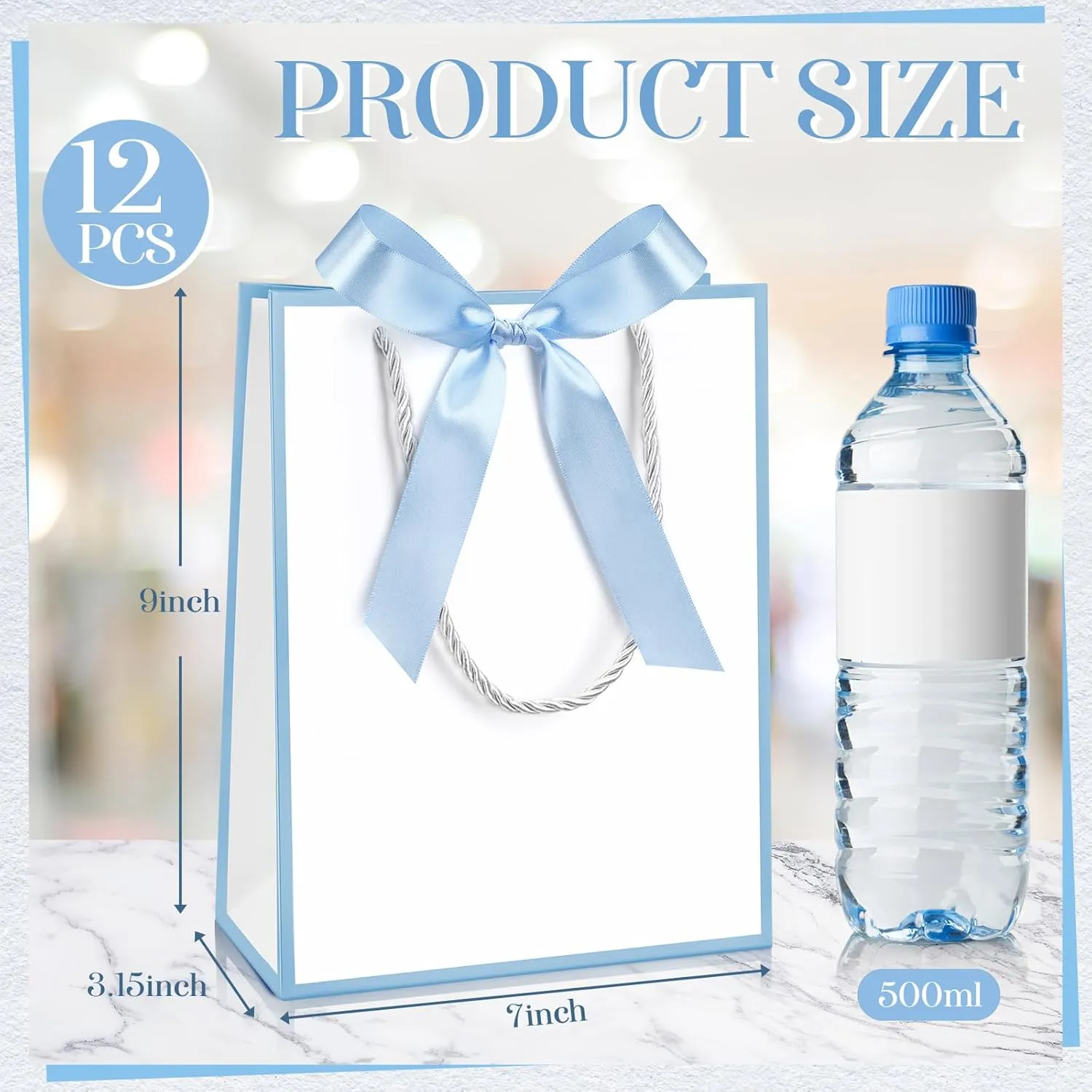 Silkfly 12 Pcs Thank You Gift Bags with Handles Elegant Gift Bags with Bow Ribbon for Wedding Bridal Baby Shower Birthday Party Housewarming(White, Light Blue)