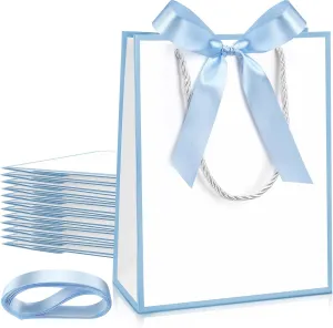 Silkfly 12 Pcs Thank You Gift Bags with Handles Elegant Gift Bags with Bow Ribbon for Wedding Bridal Baby Shower Birthday Party Housewarming(White, Light Blue)