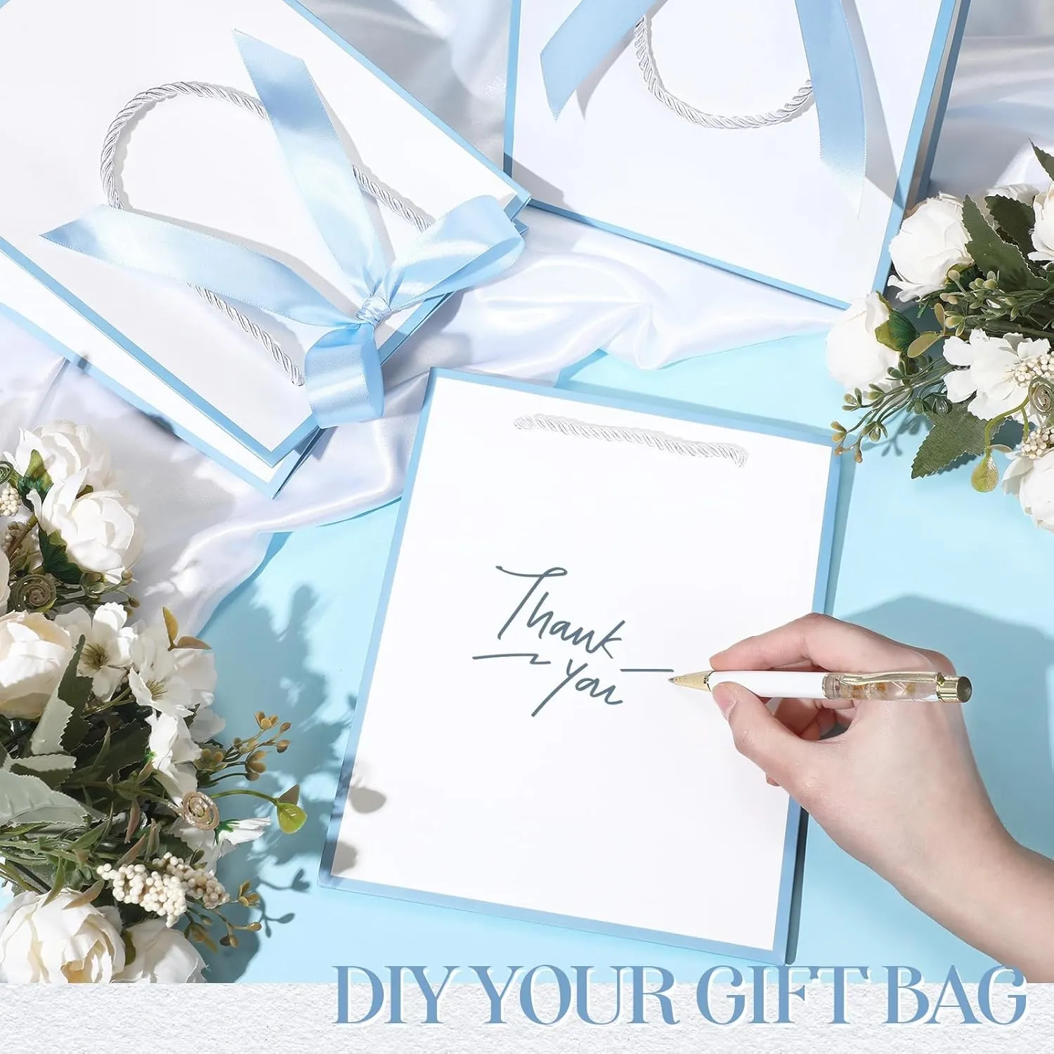 Silkfly 12 Pcs Thank You Gift Bags with Handles Elegant Gift Bags with Bow Ribbon for Wedding Bridal Baby Shower Birthday Party Housewarming(White, Light Blue)