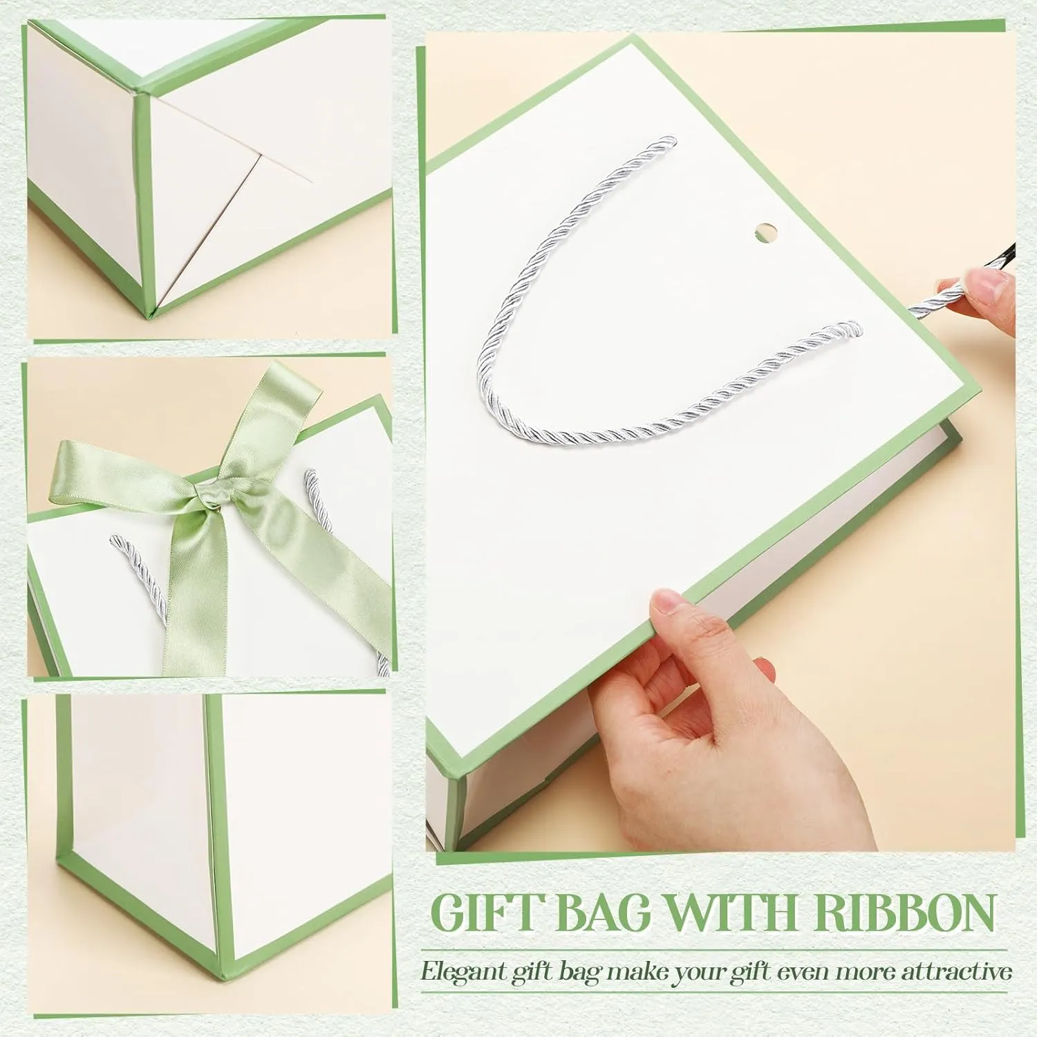 Silkfly 12 Pcs Thank You Gift Bags with Handles Elegant Gift Bags with Bow Ribbon for Wedding Bridal Baby Shower Birthday Party Housewarming(White, Sage Green)