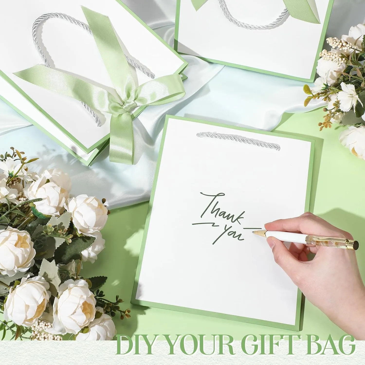 Silkfly 12 Pcs Thank You Gift Bags with Handles Elegant Gift Bags with Bow Ribbon for Wedding Bridal Baby Shower Birthday Party Housewarming(White, Sage Green)