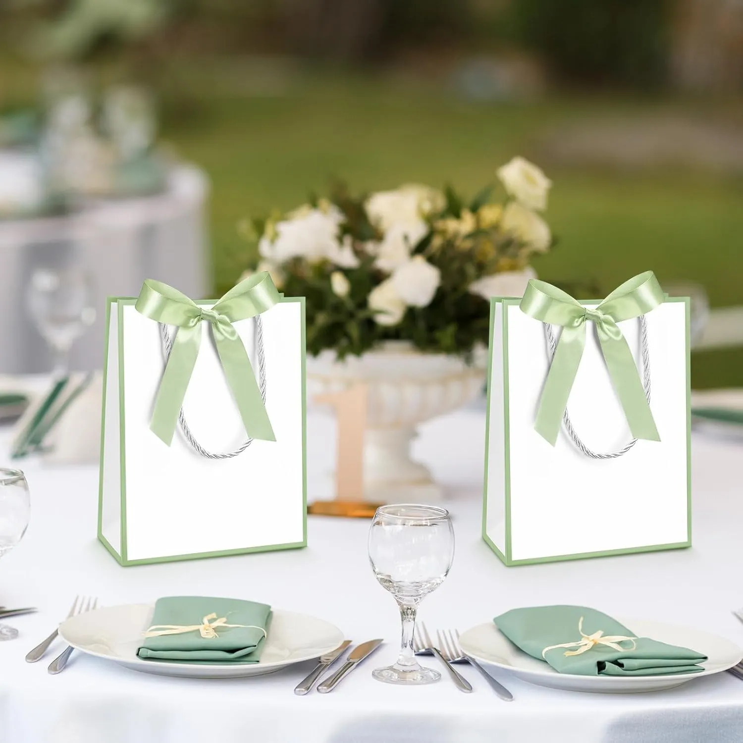 Silkfly 12 Pcs Thank You Gift Bags with Handles Elegant Gift Bags with Bow Ribbon for Wedding Bridal Baby Shower Birthday Party Housewarming(White, Sage Green)