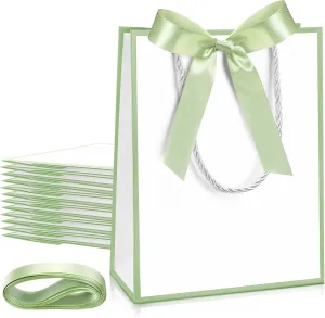 Silkfly 12 Pcs Thank You Gift Bags with Handles Elegant Gift Bags with Bow Ribbon for Wedding Bridal Baby Shower Birthday Party Housewarming(White, Sage Green)