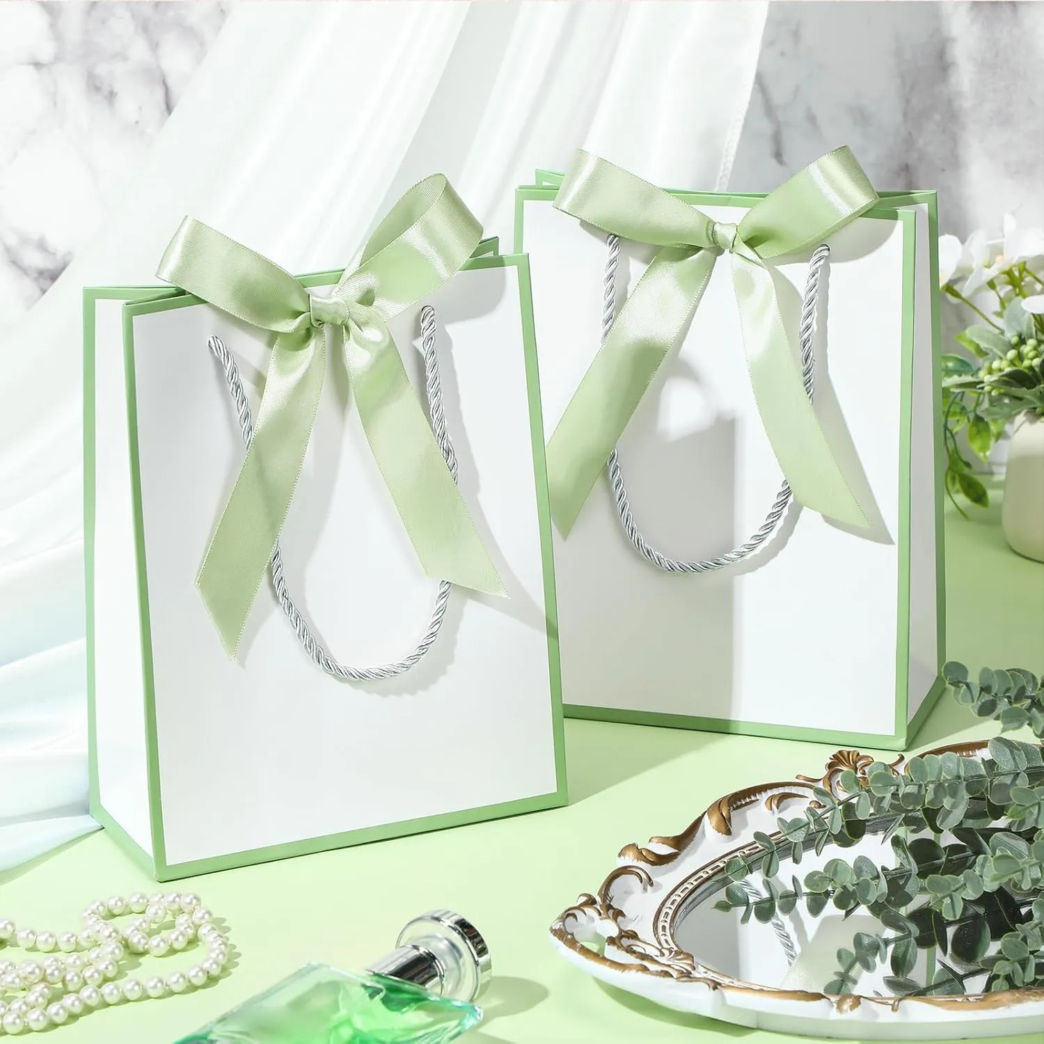 Silkfly 12 Pcs Thank You Gift Bags with Handles Elegant Gift Bags with Bow Ribbon for Wedding Bridal Baby Shower Birthday Party Housewarming(White, Sage Green)