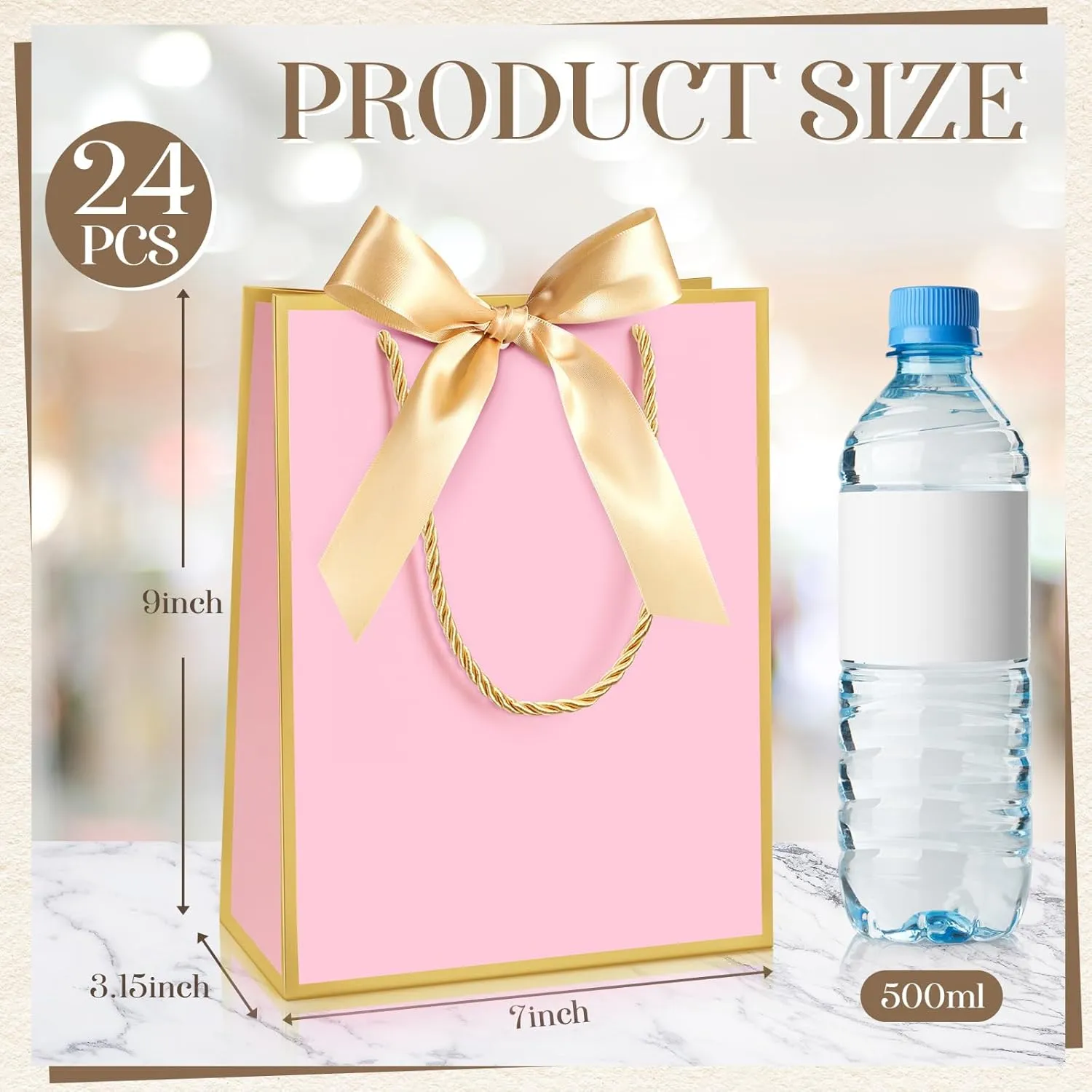Silkfly 24 Pcs Thank You Gift Bags with Handles Graduation Elegant Gift Bags with Bow Ribbon for Anniversary Wedding Bridal Baby Shower Birthday Housewarming Party(Pink, Gold)
