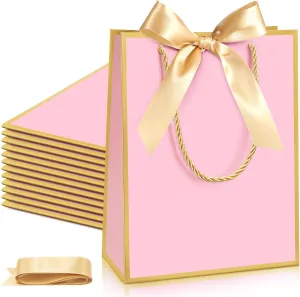 Silkfly 24 Pcs Thank You Gift Bags with Handles Graduation Elegant Gift Bags with Bow Ribbon for Anniversary Wedding Bridal Baby Shower Birthday Housewarming Party(Pink, Gold)