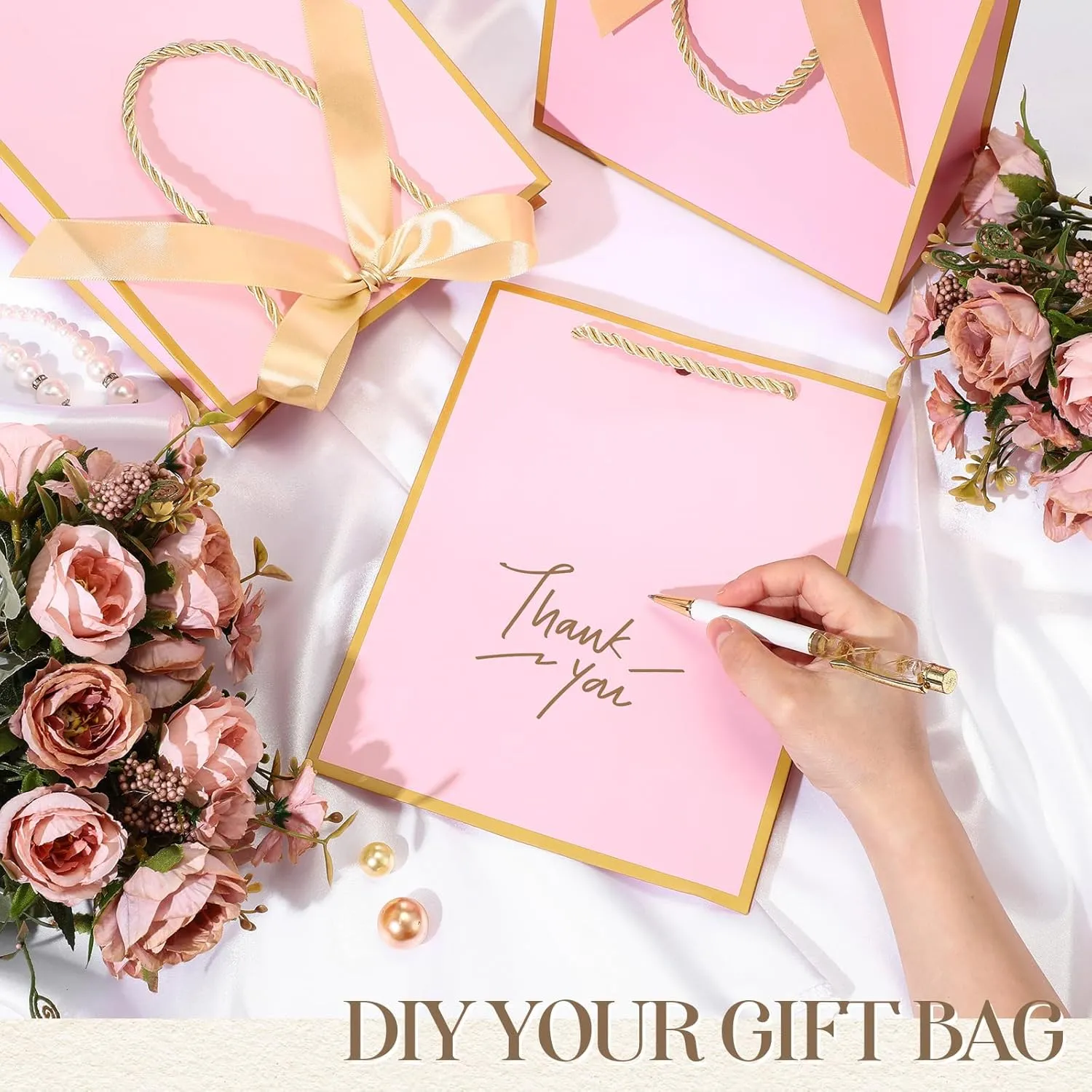Silkfly 24 Pcs Thank You Gift Bags with Handles Graduation Elegant Gift Bags with Bow Ribbon for Anniversary Wedding Bridal Baby Shower Birthday Housewarming Party(Pink, Gold)