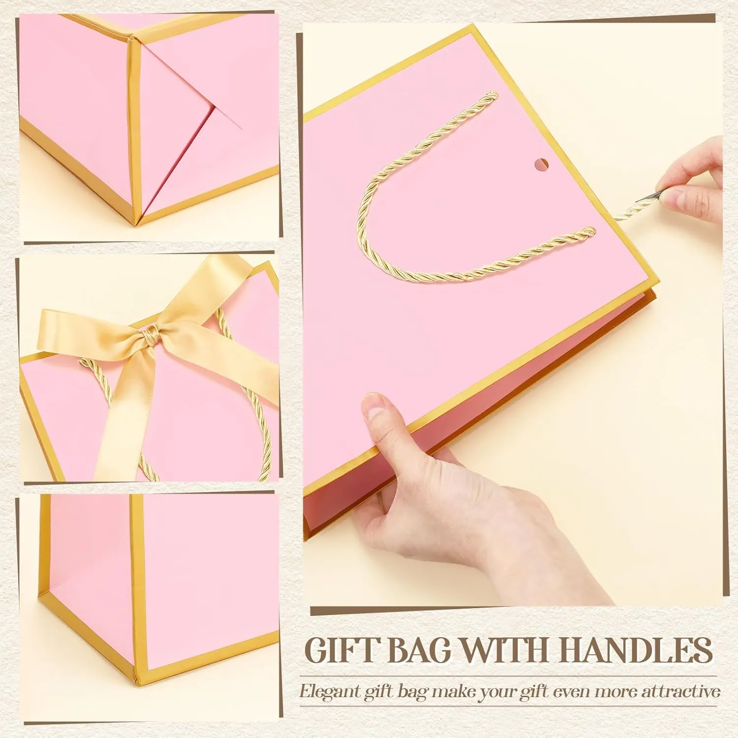 Silkfly 24 Pcs Thank You Gift Bags with Handles Graduation Elegant Gift Bags with Bow Ribbon for Anniversary Wedding Bridal Baby Shower Birthday Housewarming Party(Pink, Gold)