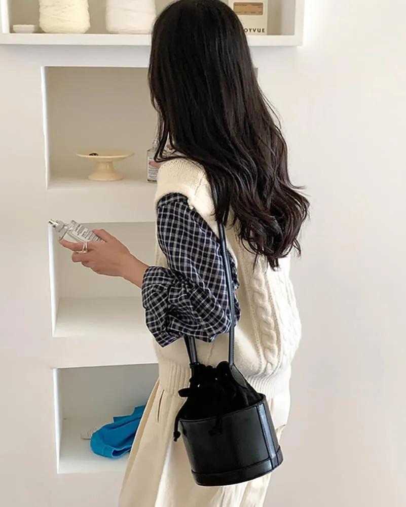 Small Bucket Bag for Women Vintage Vegan Leather Shoulder Crossbody Purse Tote Bag Handbags Drawstring Satchels