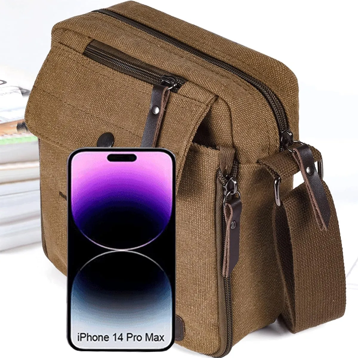 Small Canvas Messenger Bag Chest Bag Travel Bag, Mini Crossbody Bag Shoulder Bag for Men Women Multi Pocket Purses