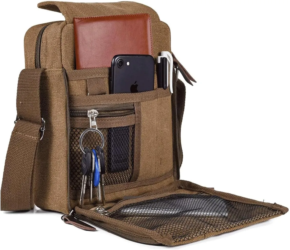 Small Canvas Messenger Bag Chest Bag Travel Bag, Mini Crossbody Bag Shoulder Bag for Men Women Multi Pocket Purses