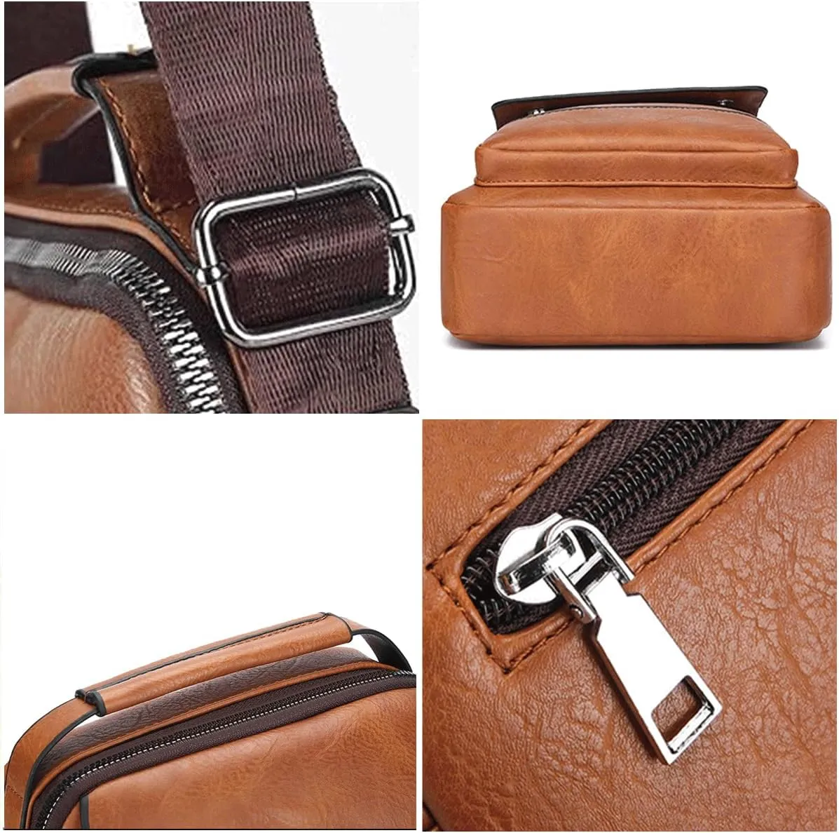 Small Leather Messenger Bag Chest Bag Travel Bag, Mini Crossbody Bag Shoulder Bag for Men Women Multi Pocket Purses