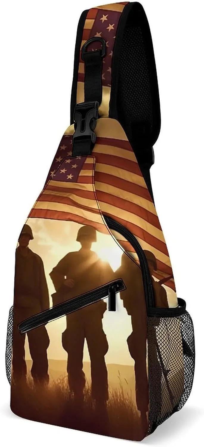 Soldiers Holding Up U.S. Flag Printed Crossbody Sling Bag Chest Bags Shoulder Backpack for Travel Sport